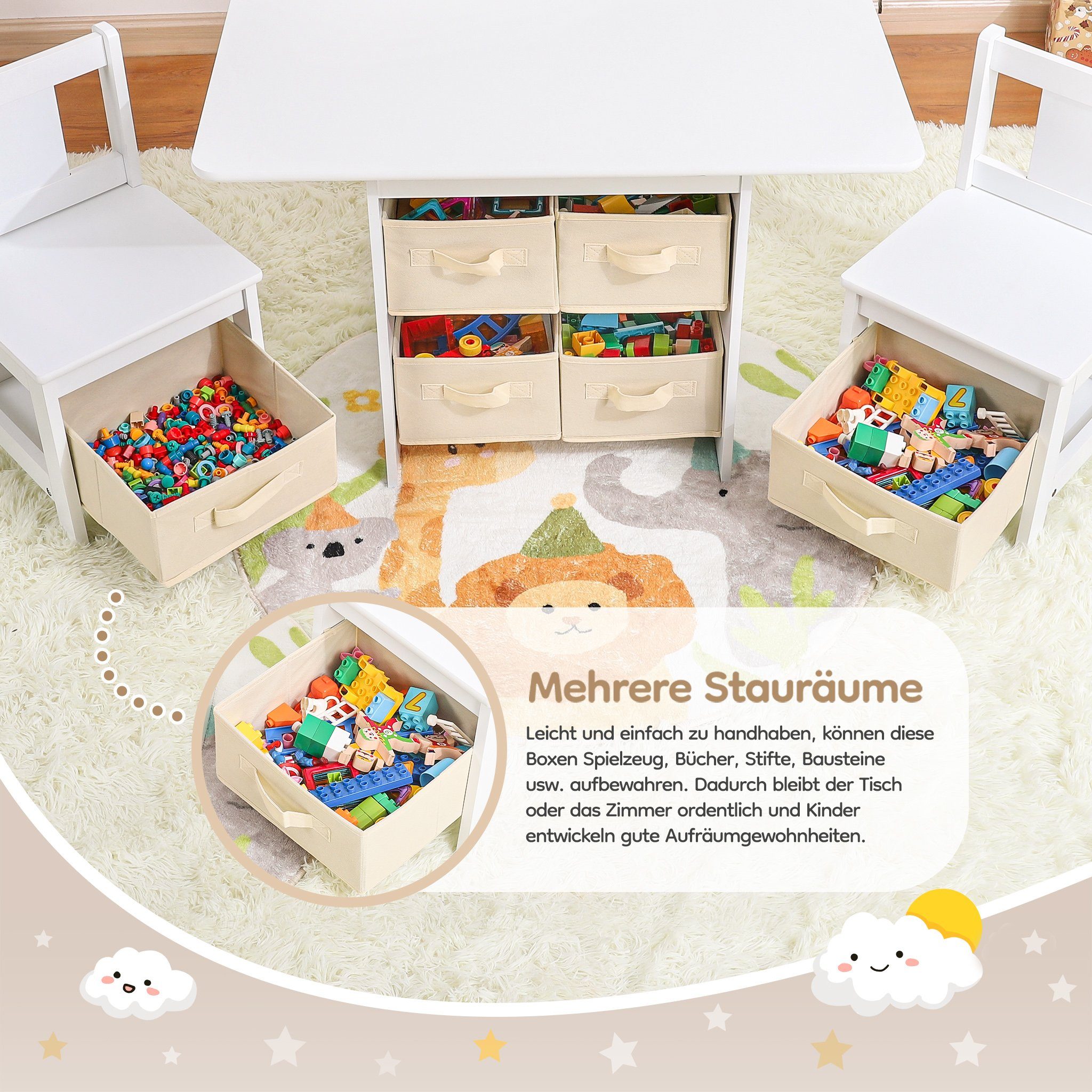 Yorbay Kindersitzgruppe Kindertisch mit 2 Stühlen, mit 6 Aufbewahrungskörben, (Kindersitzgruppe 3tlg, Weiß + Beige, Kindertisch mit Stauraum), Sitzgruppe für Ki – Bild 5 von 5