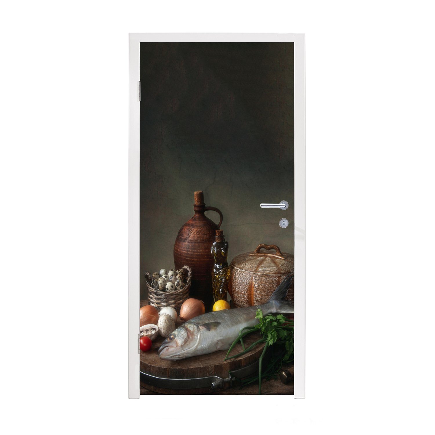 MuchoWow Türtapete Rustikal - Fisch - Stilleben - Gemüse - Kräuter, Matt, bedruckt, (1 St), Fototapete für Tür, Türaufkleber, 75x205 cm