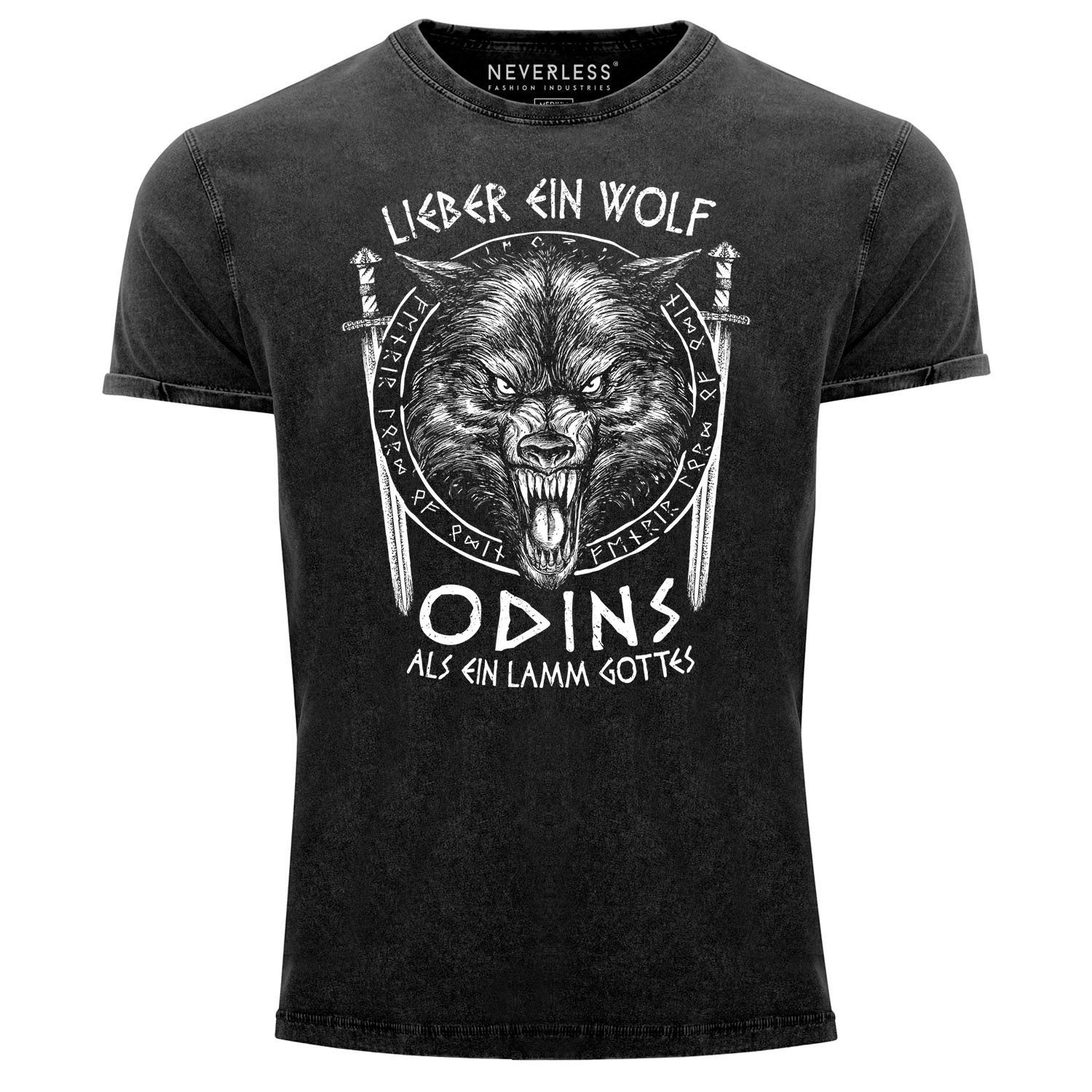 Gottes Shirt Lieber Print-Shirt Neverless® Neverless Wolf als Herren nordische Lamm mit ein ein Mythologie T-Shirt Vintage Aufdruck Odins Wikinger Print