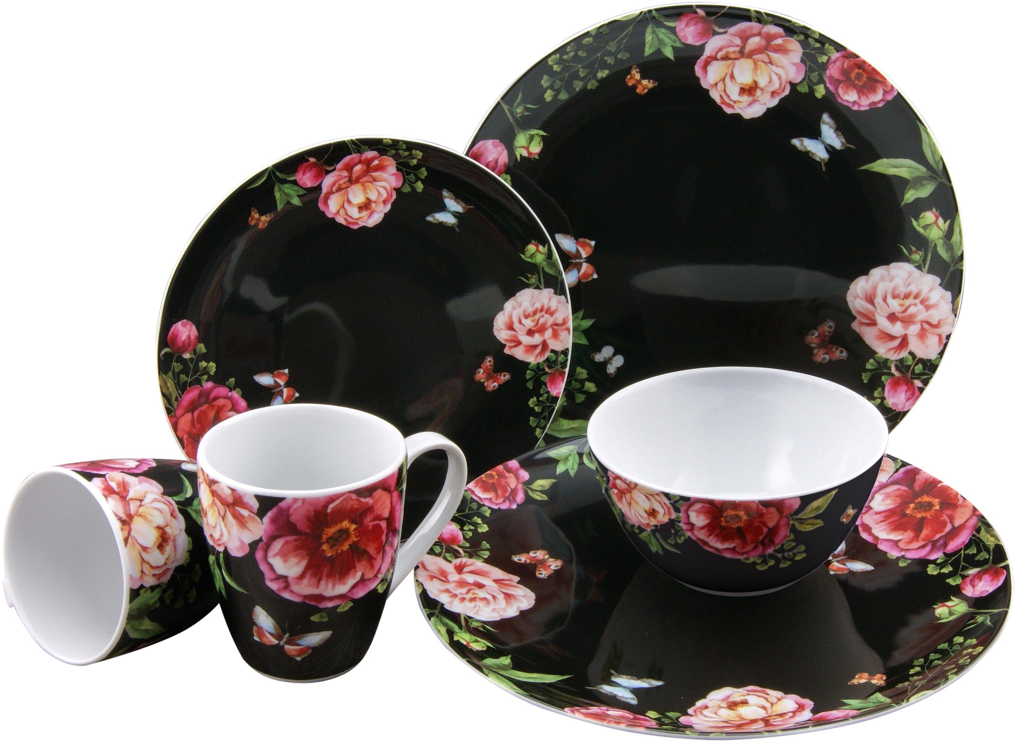 CreaTable Kombiservice Geschirr-Set Enjoy Roses, schwarz (16-tlg), 4 Personen, Porzellan, Service, Made in Europe, 16 Teile, für 4 Personen