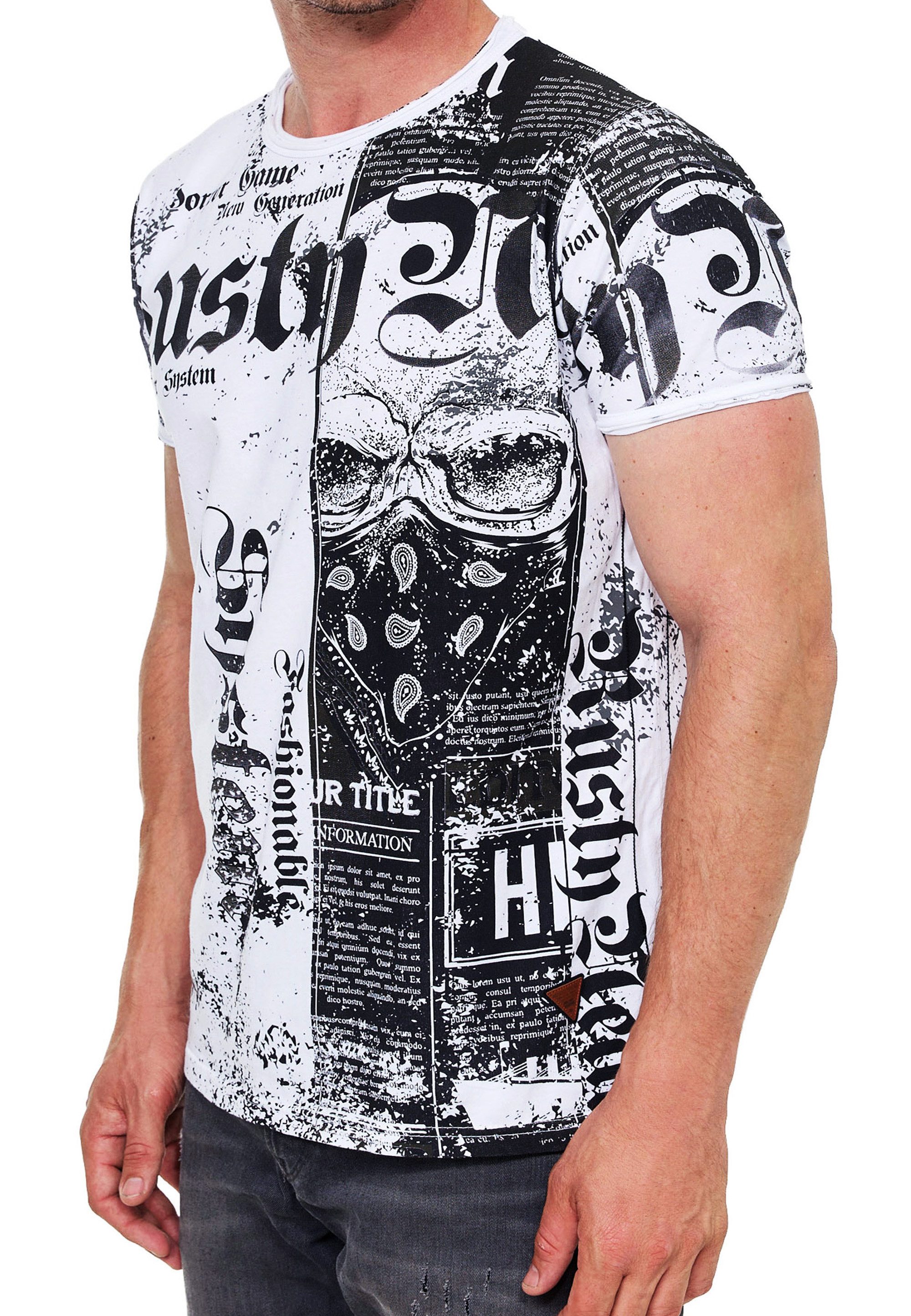 R-NEAL T-Shirt Streetwear Rocker T-Shirt mit Absoluten Blickfang All Over Skull Print