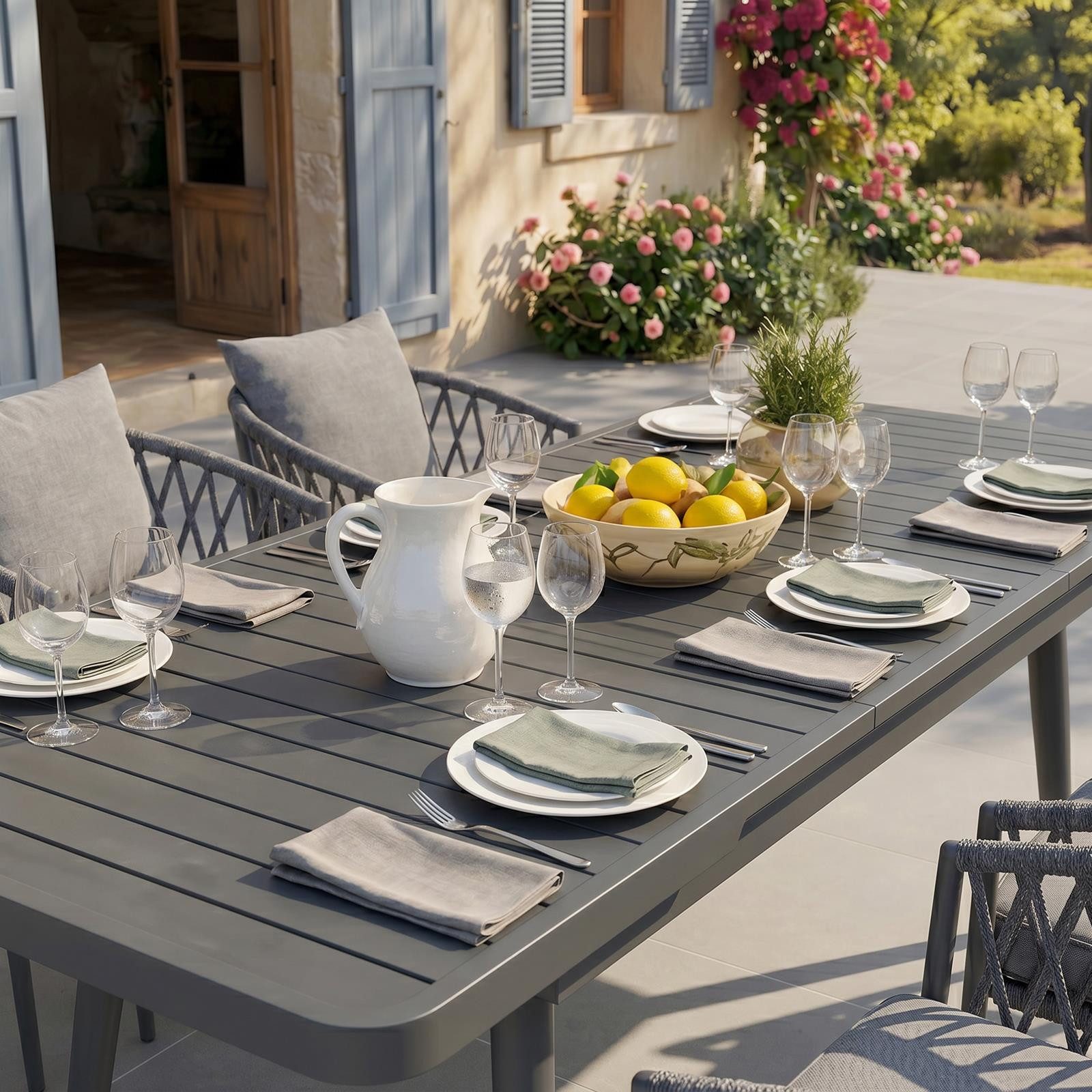 IDIMEX Garten-Essgruppe SUNNY, (7-tlg), Gartenmöbel Set mit 6 Stühlen & ausziehbarem Tisch schwarz/grau