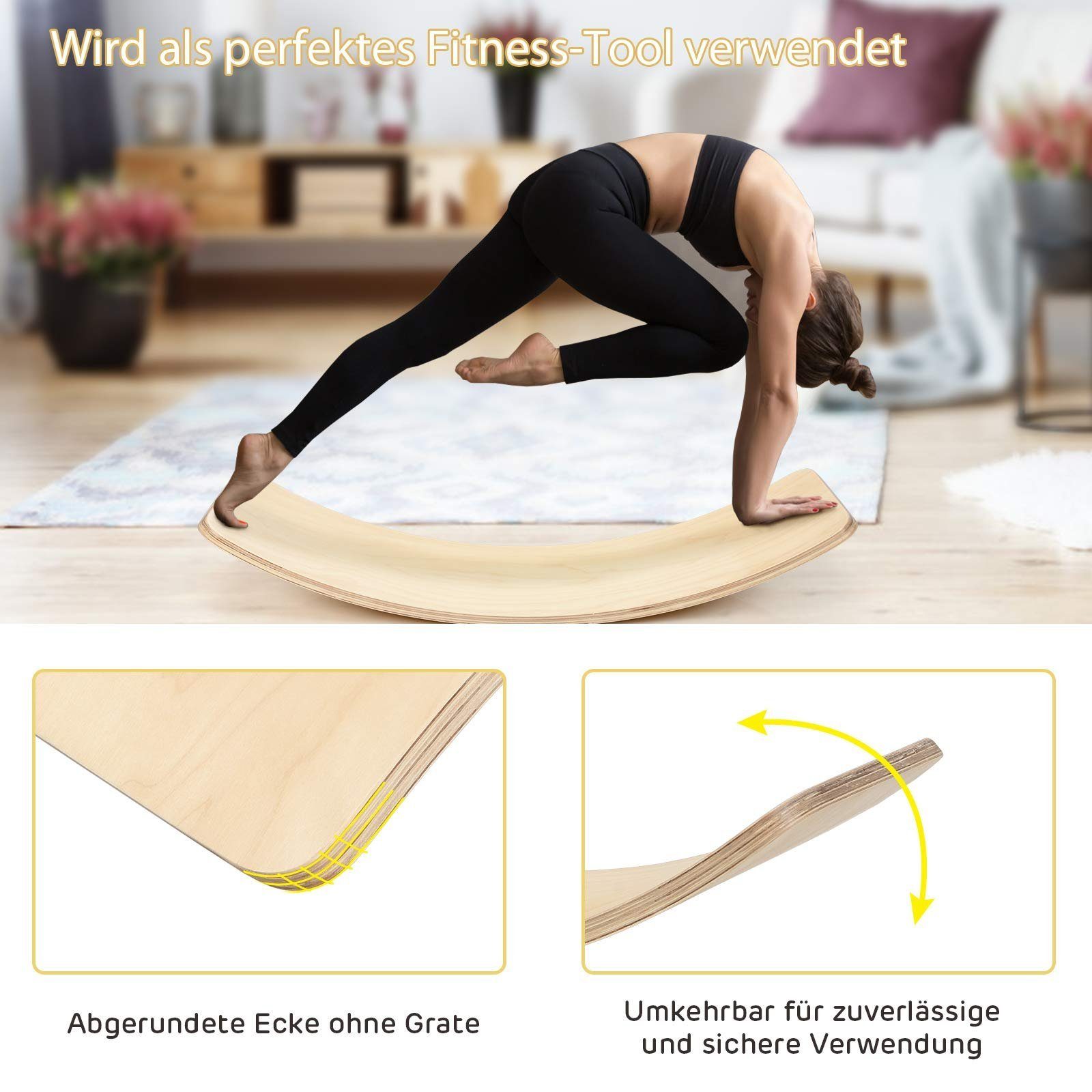 COSTWAY Balanceboard Balancierbrett, bis 220kg, aus Holz, mit Fliz