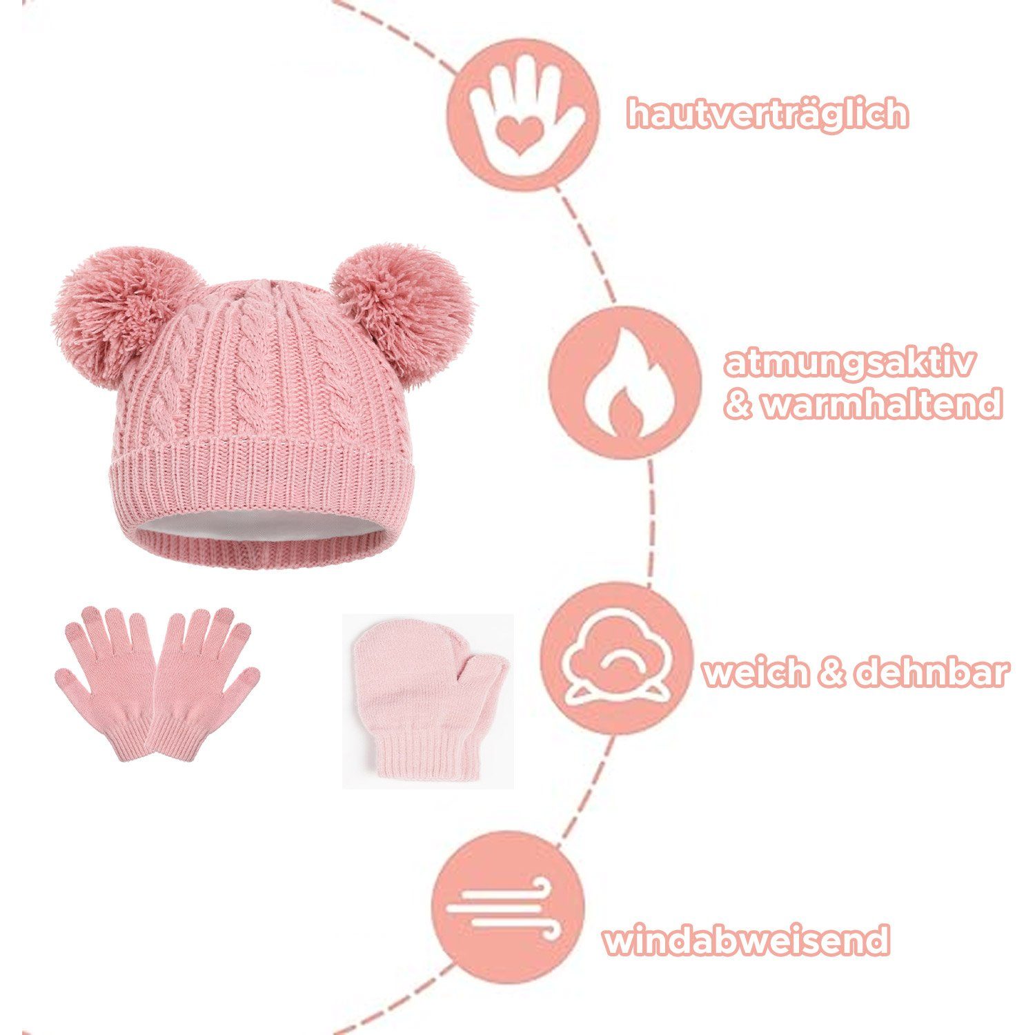 im Wintermütze Handschuhe Mütze 1-5 Wollfutter Alter von für Mit MAGICSHE Kinder Bommelmütze rosa &