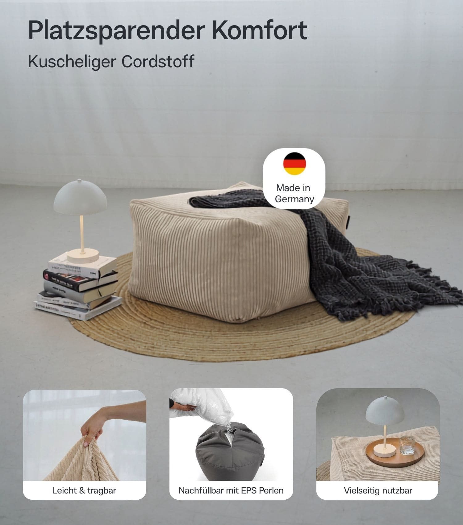 mokebo Pouf Cord Pouf 'Block' Hocker (aus Cordstoff), Made in Germany, Sitz-Hocker, Bodenkissen, Fußhocker eckig in Beige – Bild 3 von 5