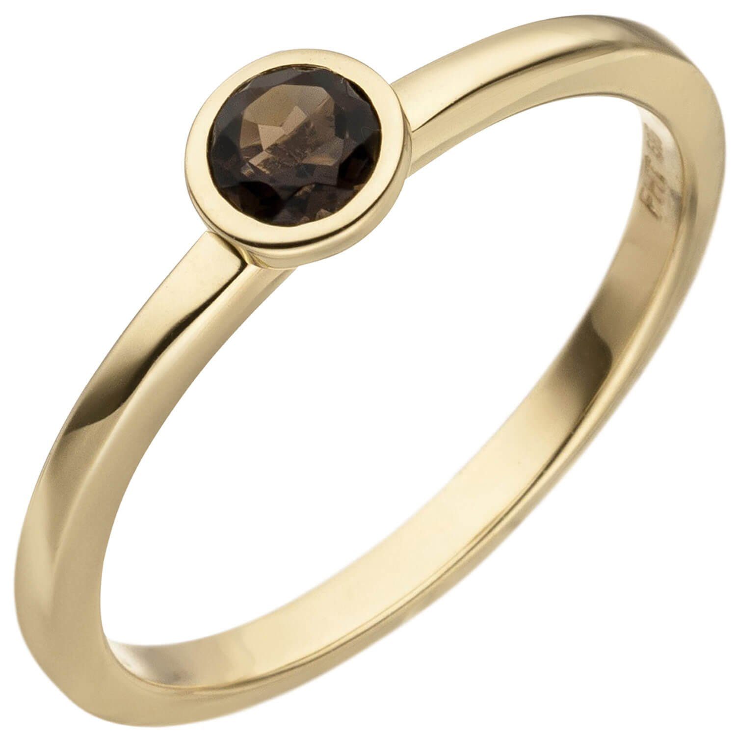 Schmuck Krone Fingerring Ring Solitär Damenring mit Rauchquarz, facettiert rund, 585 Gold Gelbgold, Gold 585