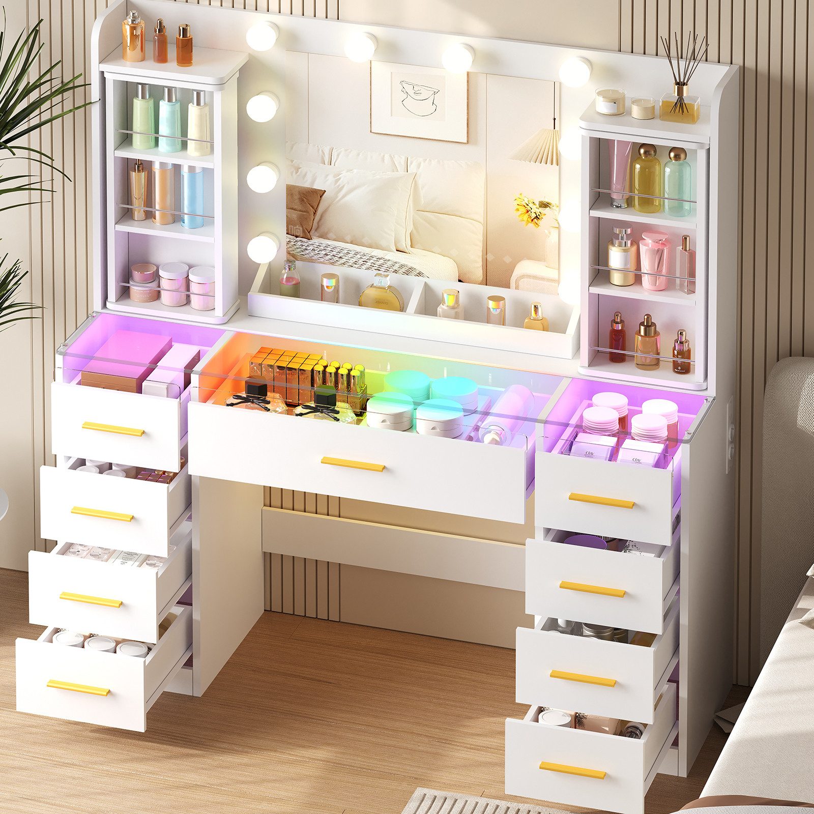 BEWISHOME Schminktisch mit beleuchtung,Steckdose und USB-Anschluss,weiß (1-St), Drehbare Aufbewahrungsbox
