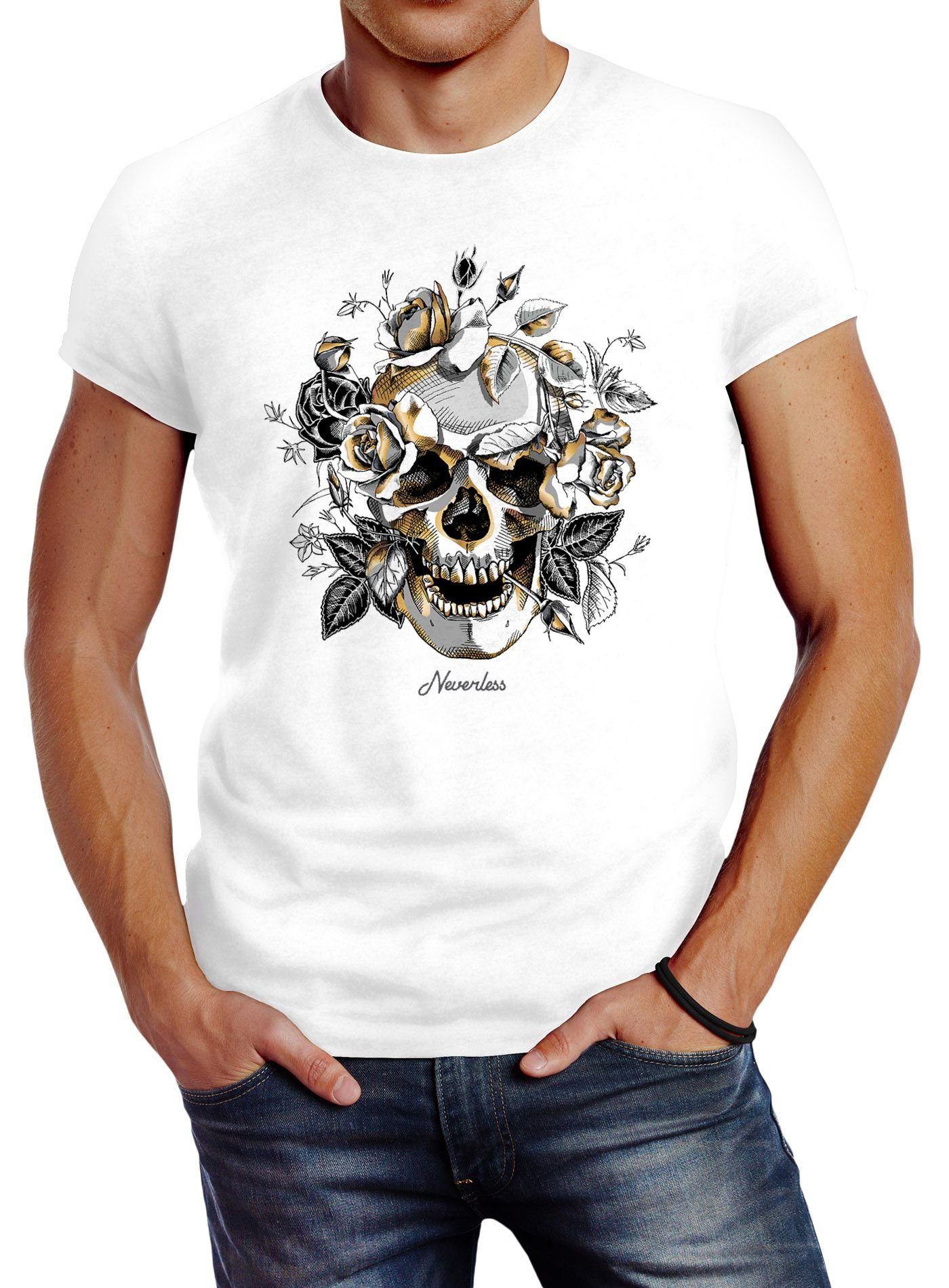 Neverless Print-Shirt Herren T-Shirt Totenkopf Rosen Skull Roses Schädel Slim Fit Neverless® mit Print weiß