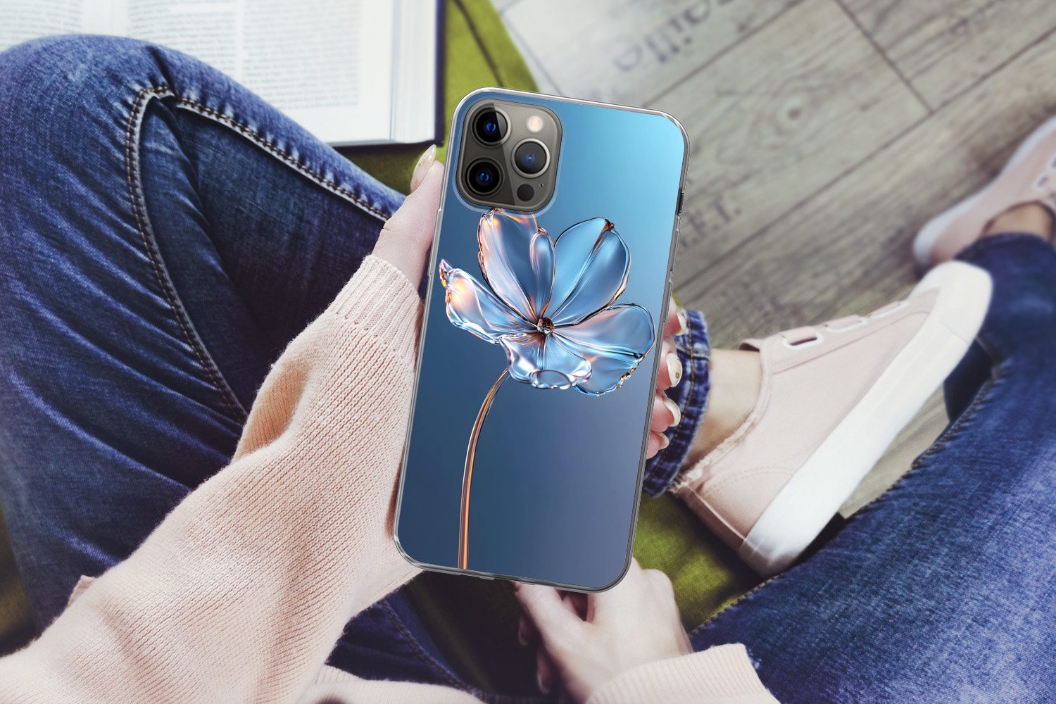 MuchoWow Handyhülle für Apple iPhone 13 Pro Blau - Blume - Gläser - Verziert, Smartphone-Bumper, Print, Handy Schutzhülle Dünn