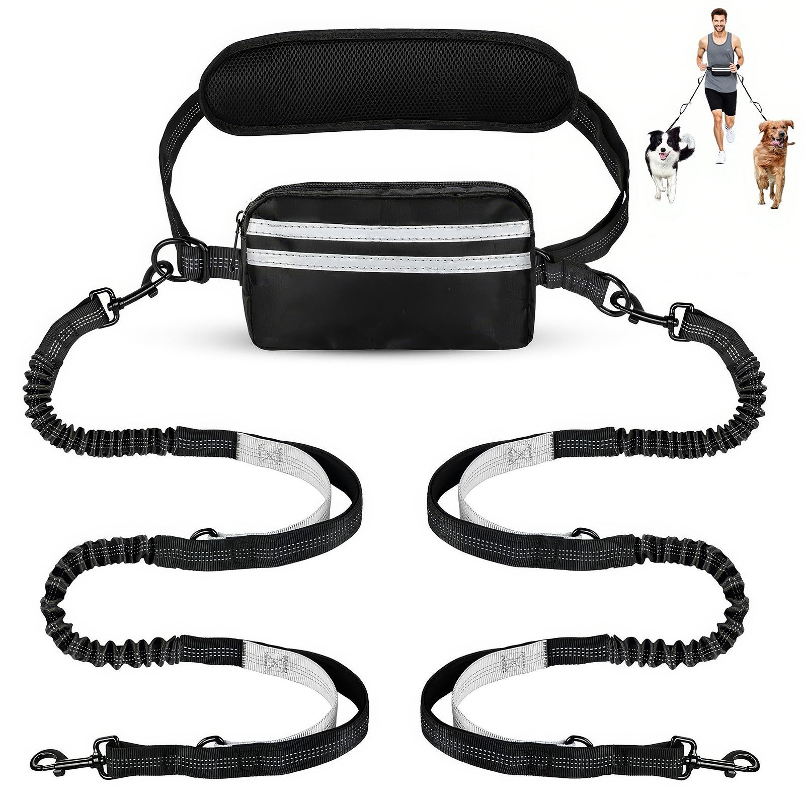 BlingBin Hundeleine Joggingleine für Hunde mit Abnehmbare Hüfttasche, Doppelte Hundeleine, Polyester (1er Set, 1-tlg., Bungee-Laufleine Hundeleinen für Mittelgroße Große Hunde bis zu 50 kg), Freihändige Hundeleine, Laufhundeleine mit Hüftgurt, Laufleine