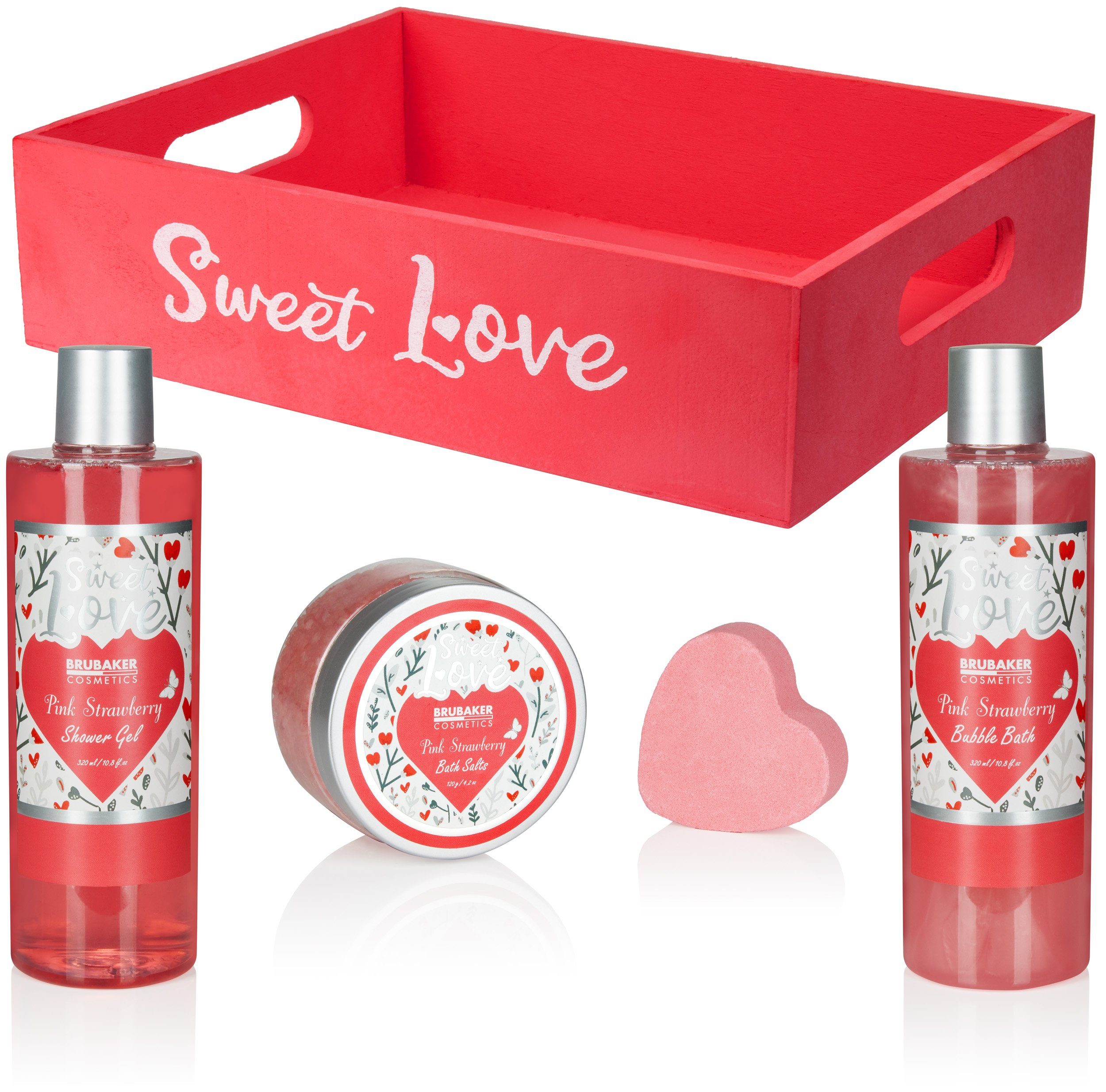 BRUBAKER Pflege-Geschenkset Dusch- und Badeset "Sweet Love", Beauty Wellness Set für Frauen, 8-tlg., Damen Geschenkset im Blumen Design, Herz Pflegeset mit Erdbeeren Duft