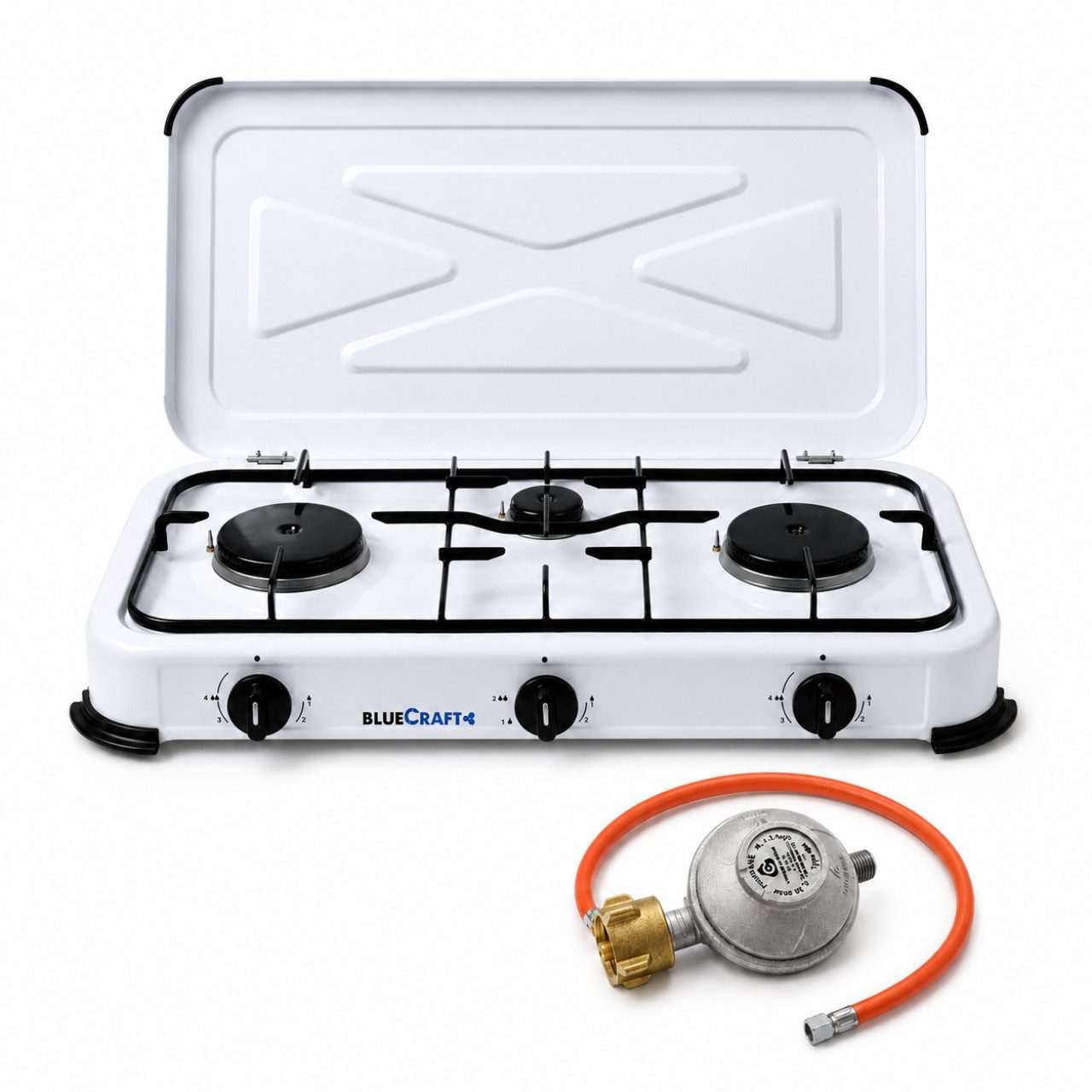 BlueCraft Gaskocher 3 flammig mit Zündsicherung 50mbar Propan Gas Campingkocher 5,25 kW, (mit Schlauch 100 cm und Gas Regler Druckminderer), Camping Gas Kocher 3 flammen für Gasflasche Gasherd Gas-Kochfeld