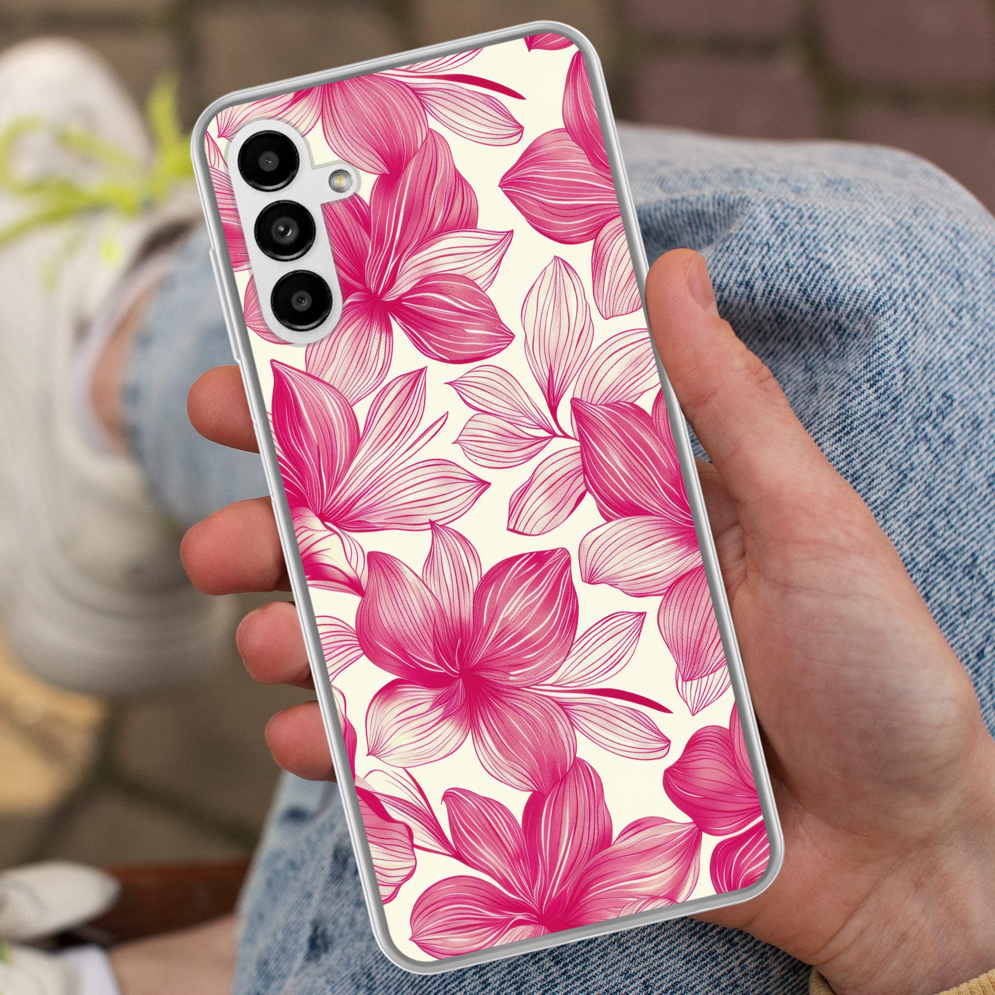 MuchoWow Handyhülle für Samsung Galaxy A04s Blumen - Muster - Rosa - Weiß, Handy Case, Silikon, Bumper Case Dünn