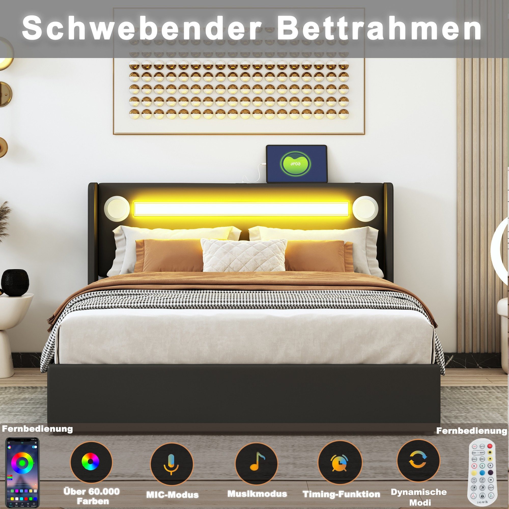 BlingBin Polsterbett Stauraumbett Jugendbett (Doppelbett, 1-tlg., 140x200 cm), mit LED-Lichtleiste, Bluetooth-Player und USB-Aufladung,Hochbeetkasten