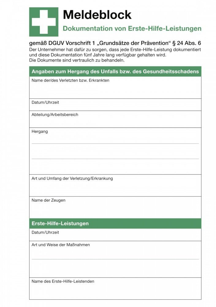 König Werbeanlagen Hinweisschild Meldeblock zur Dokumentation von Erste-Hilfe-Leistungen gemäß DGUV Vor