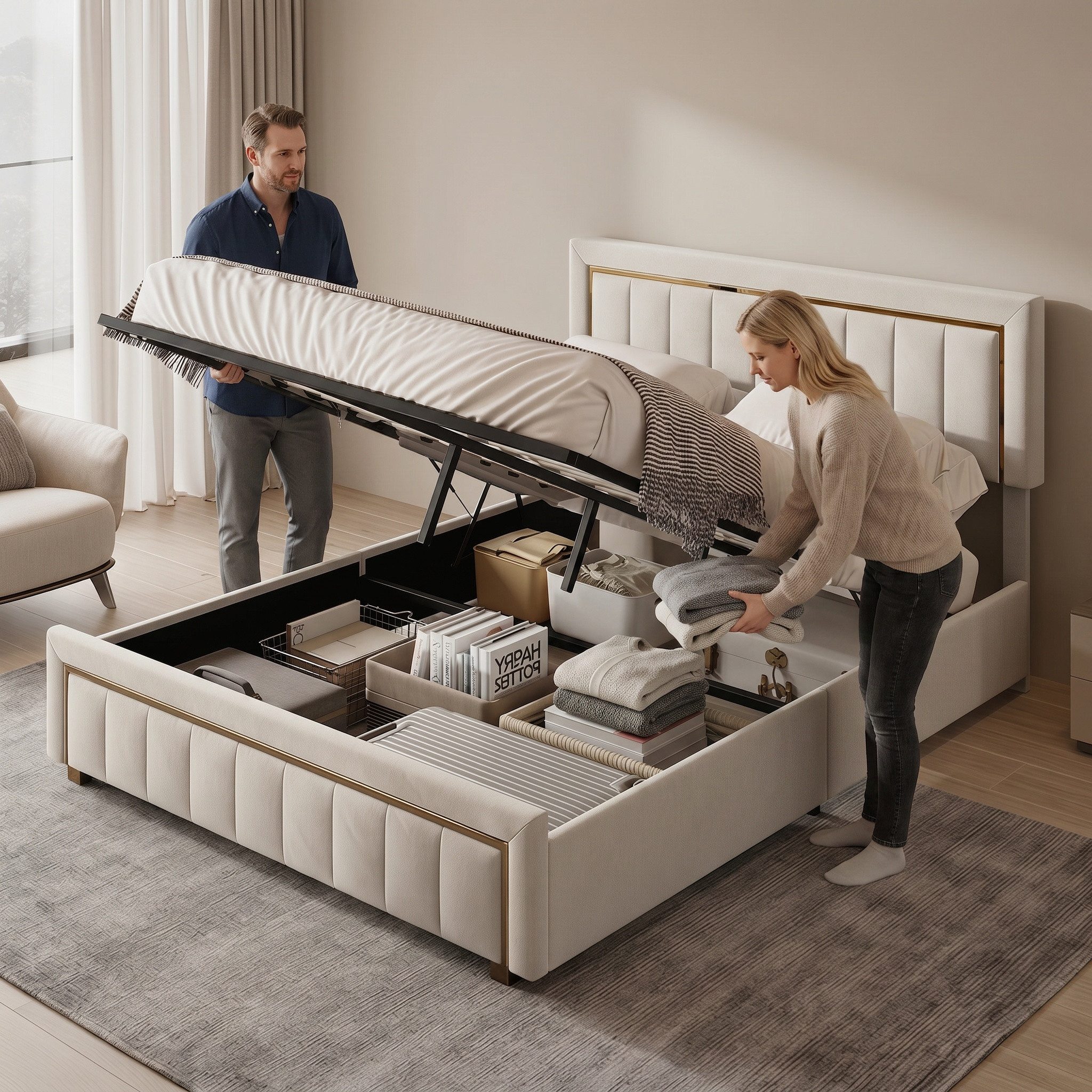 PXloue Stauraumbett Polsterbett Doppelbett, mit bettkasten und Lattenrost,Samtstoff,160x200 cm – Bild 2 von 5