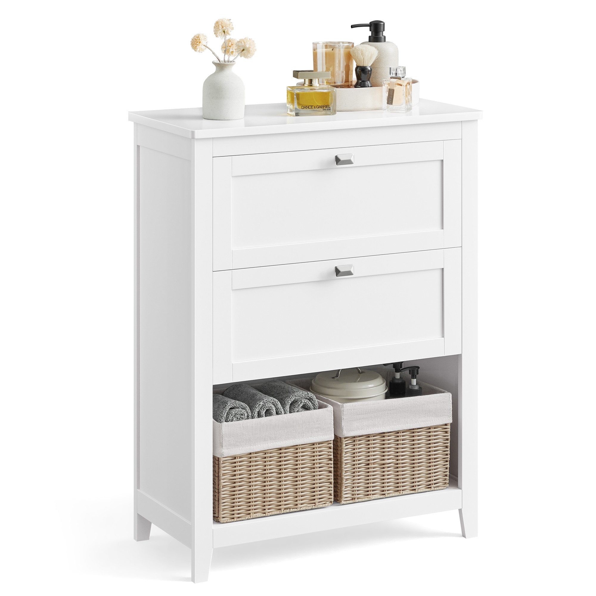 VASAGLE Badkommode Badezimmerschrank, Badschrank, Aufbewahrungsschrank, 2 Schubladen, 2 Körbe, 60 x 30 x 80 cm, eine davon mit Trennwänden