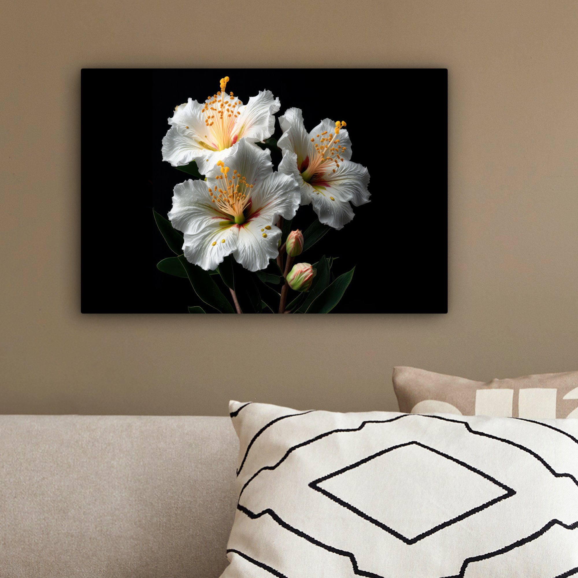 Weiß cm (1 - OneMillionCanvasses® Blumen Schwarz, Wandbild Leinwandbilder, - 30x20 Wanddeko, St), Leinwandbild - Natur Aufhängefertig, Hibiskus -