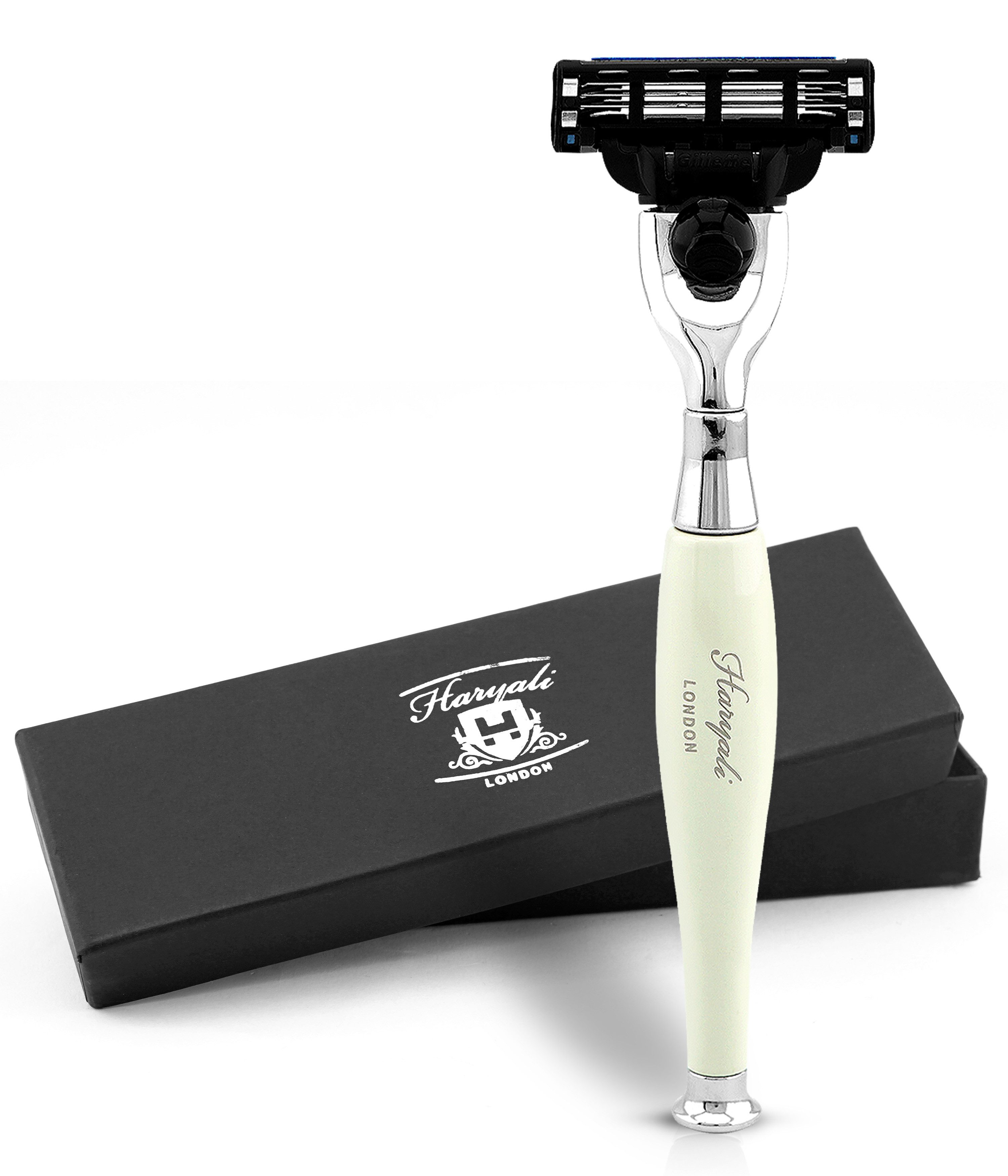 Haryali London Бритви 3-Klingen-Rasierer für Unisex, Smart Grip, Bartrasierer Elfenbein, Pack, Rasierapparat mit abnehmbarer Klinge und messing-silbernem Griff, Abwaschbarer, rutschfester Griff. Passt auf alle Mach 3-Rasierer.