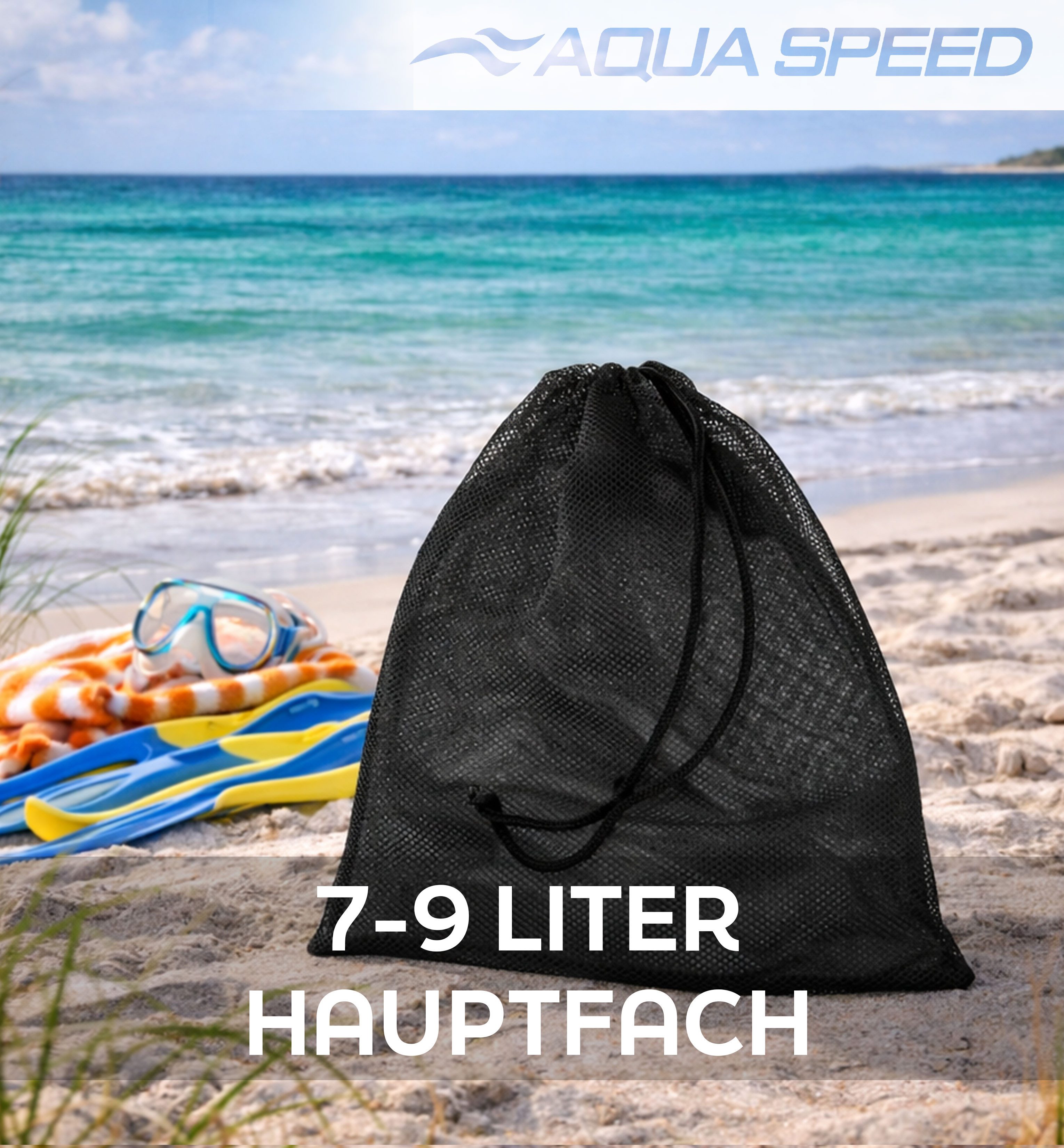 Aqua Speed Turnbeutel Netzbeutel Mesh Sportbeutel 31x38cm schwarz Pool (Belüftete Transporttasche für Schwimmen & Tauchen), Robuste Konstruktion aus widerstandsfähigem Polyester