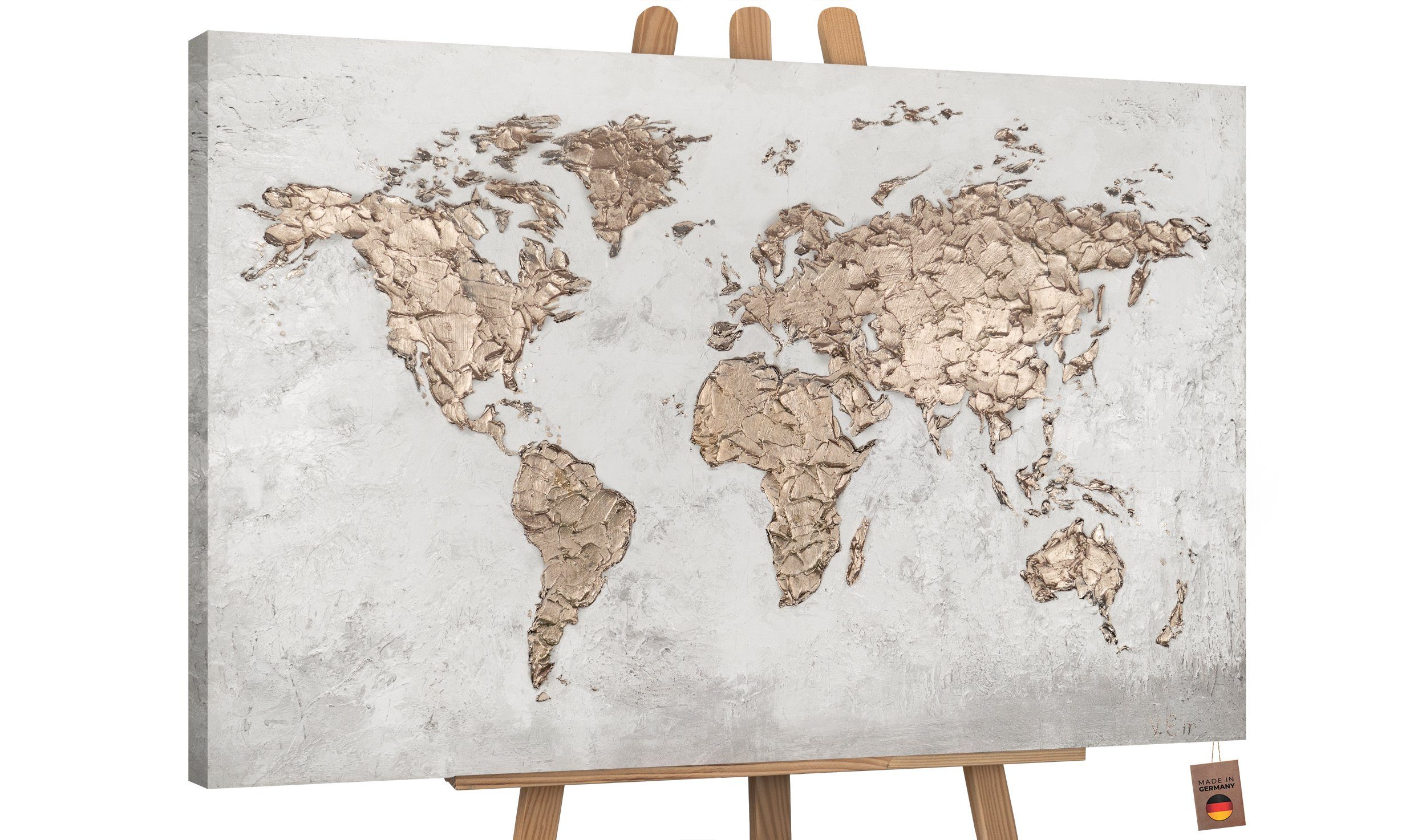 YS-Art Gemälde Weltkarte, Weltkarte, Weltkarte auf Leinwand Bild Handgemalt in Gold Ohne Schattenfugenrahmen