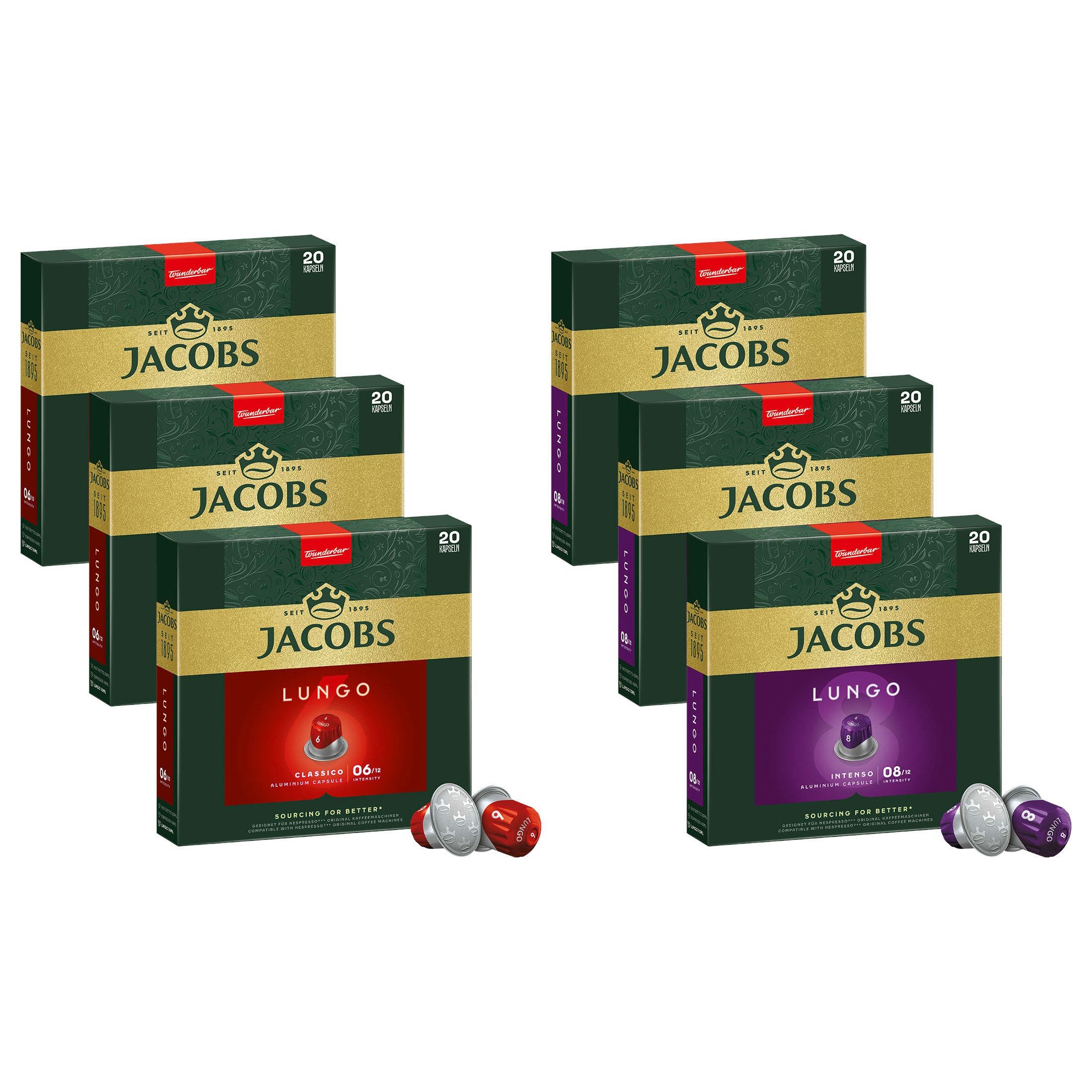 JACOBS Kaffee Kapseln Lungo 6 Classico + Lungo 8 Intenso Nespresso®* kompatibel, 624 g, (Packung, 6er Pack)