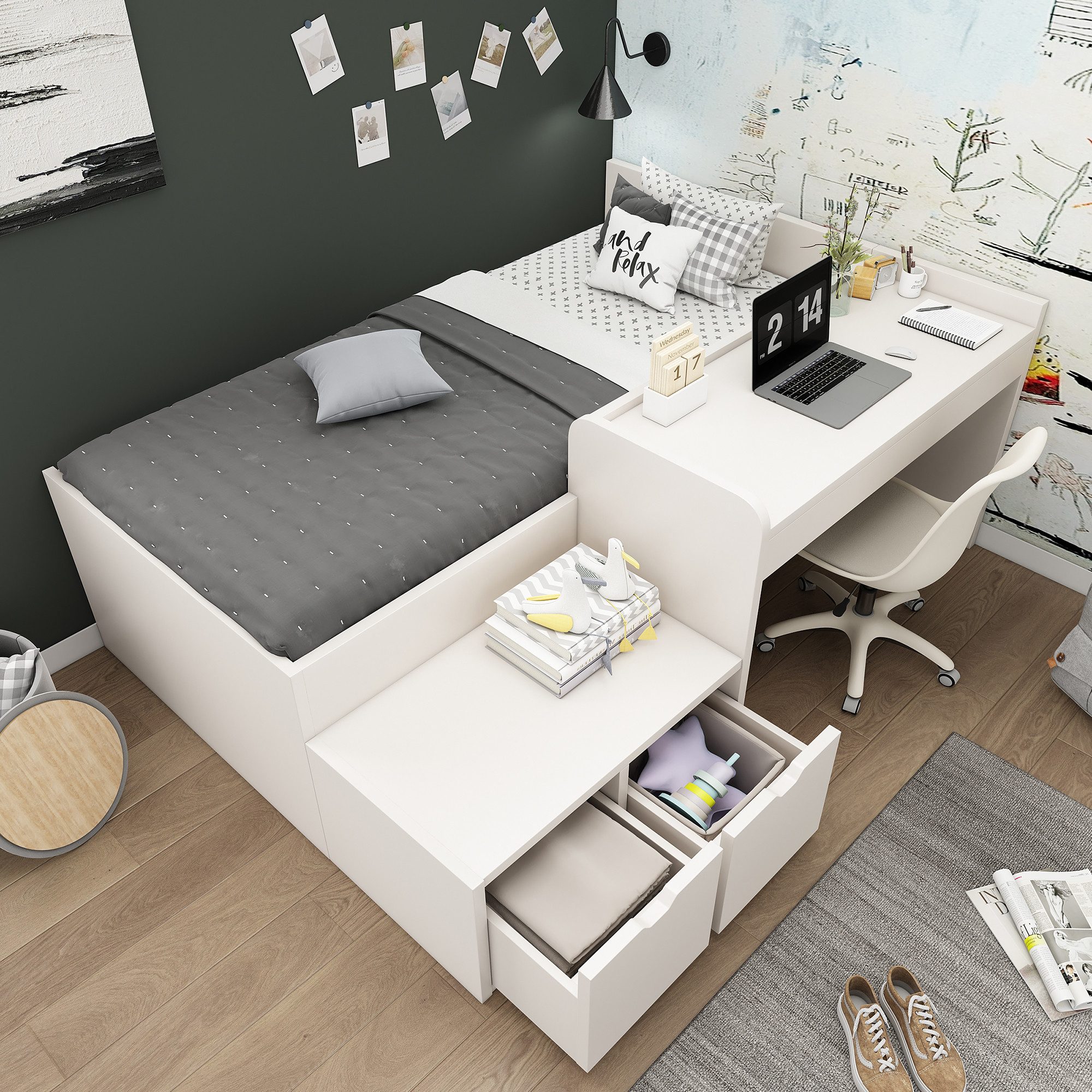 MODFU Kinderbett Schreibtischbett Funktionsbett für Kinderzimmer (Jugendbett, Lernbett, 1-tlg., 90 x 200 cm, Ohne Matratze), mit integriertem Schreibtisch und Schubladen