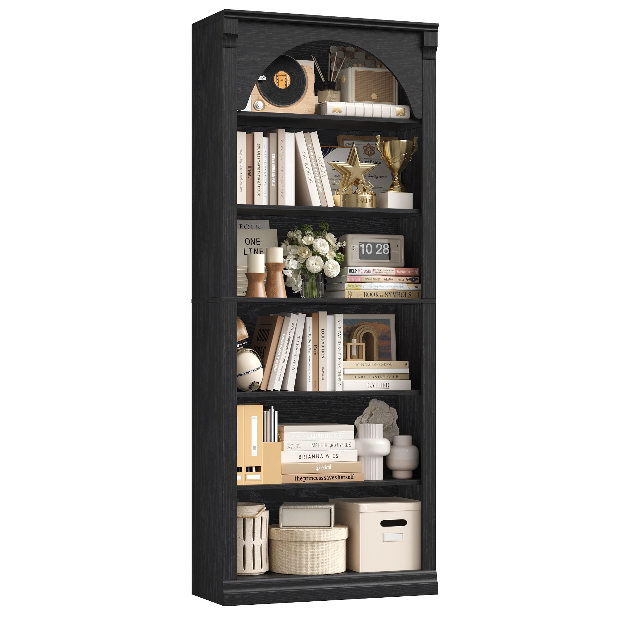Homfa Bücherregal gewölbtes Bücherschrank, Standregal mit 6 Fächern 75x28x186cm Schwarz