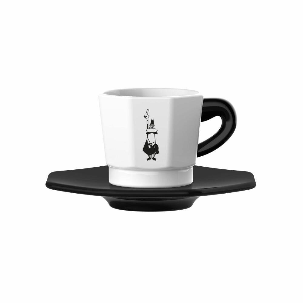 BIALETTI Espressotasse achteckig 4er Set mit Unterteller Schwarz-Weiß, Porzellan