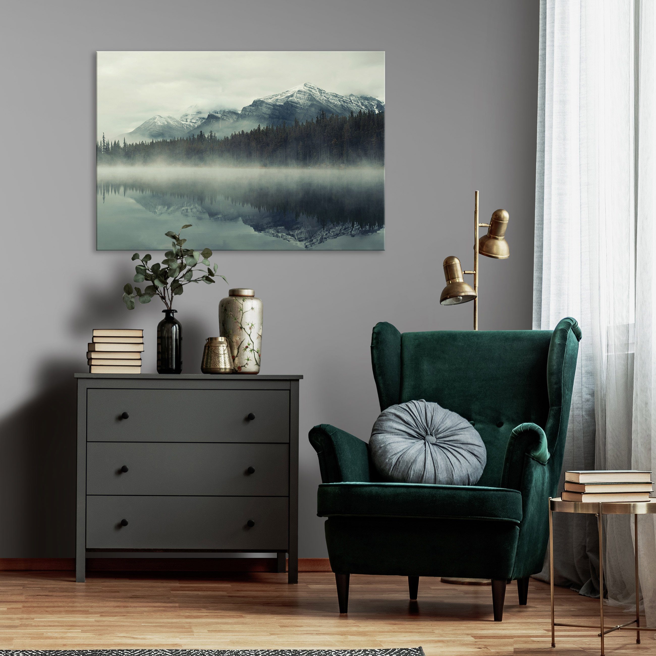 Wallarena Leinwandbild Wald im Nebel Canvas Landschaft Auf XXL Leinwandbilder Natur Modern Kunstdruck Wohnzimmer Schlafzimmer, für Groß Bild Wandbild (Einteilig), Wandbilder Leinwand Aufhängefertig Berge Bilder