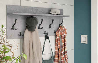designimpex Garderobenpaneel Design Garderobe 90 x 40 cm Beton - Schwarz matt Kleiderhaken Finlo