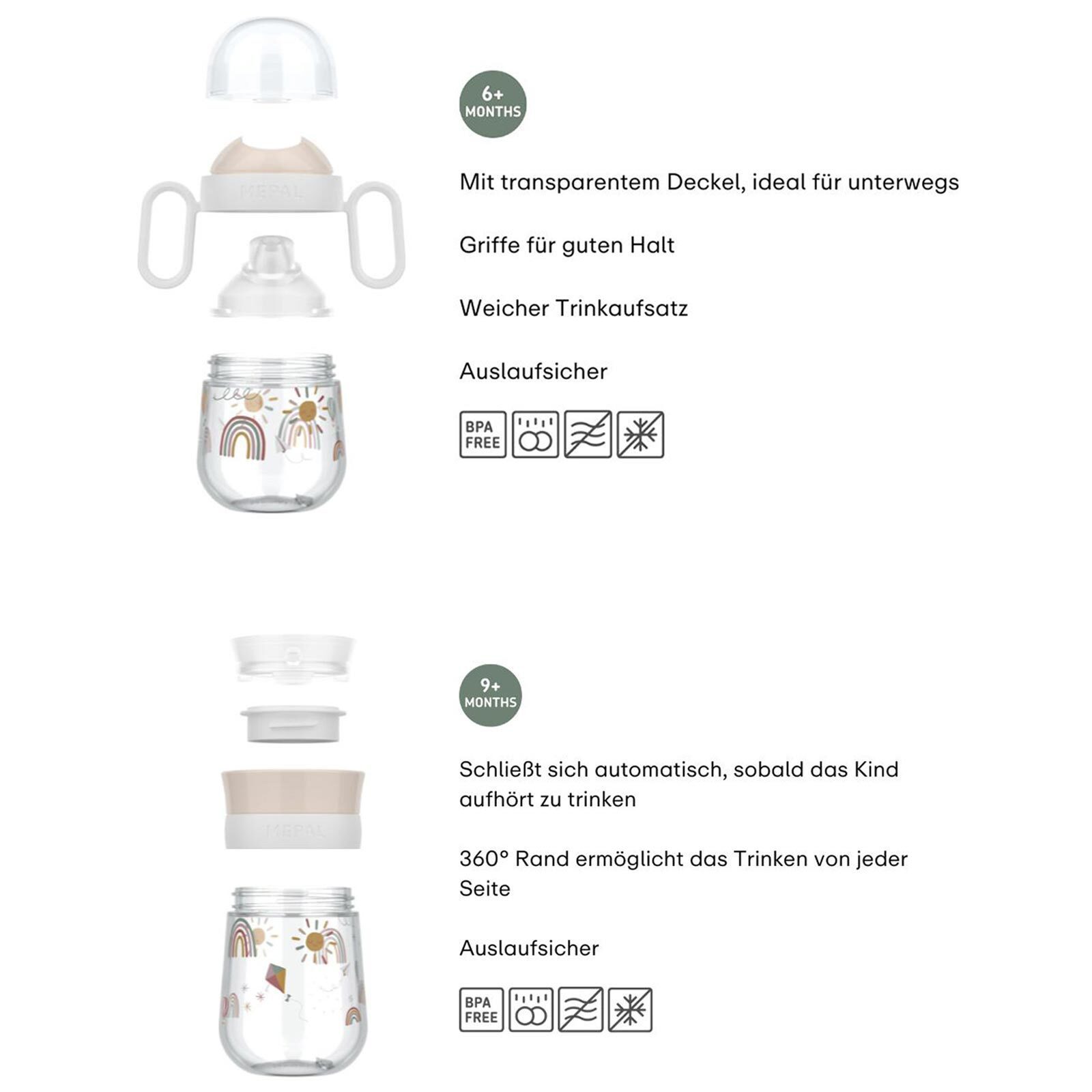 Mepal Kinderbecher Mio Trinklernbecher Antitropf & 360° 200 & 300 ml, 2-tlg., Polypropylen, Silikon, Tritan