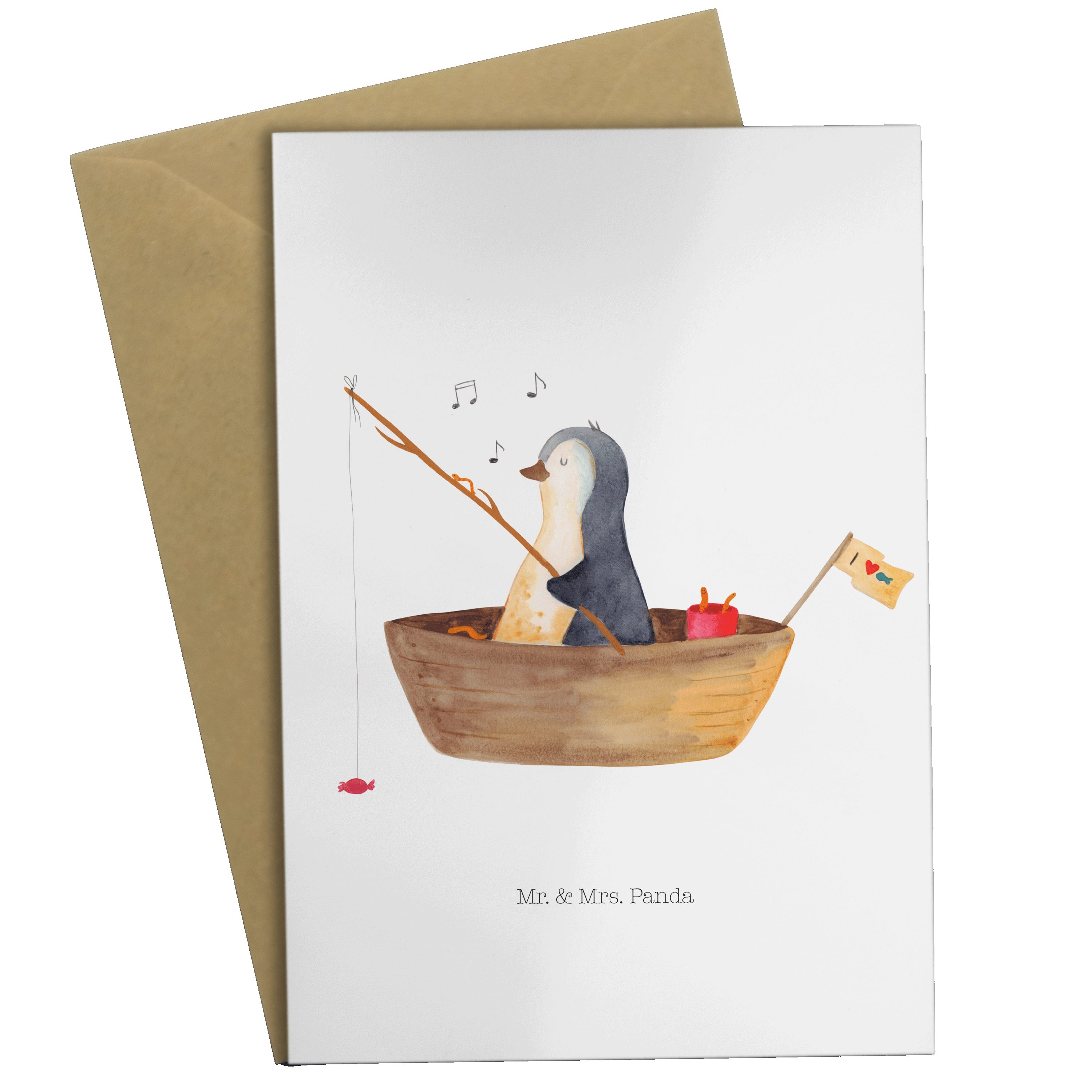 Mr. & Mrs. Panda Grußkarte Pinguin Angelboot - Weiß - Geschenk, Klappkarte, optimistisch, Karte