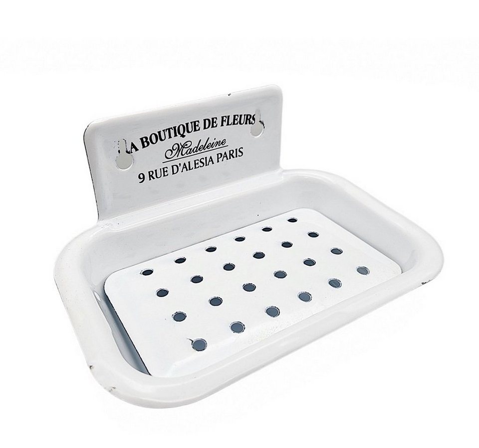Linoows Seifenschale Emaille Seifenhalter, weiße Shabby Seifenablage,  Breite: 16 cm, Ablauflöcher, 1, Ablage zum Hängen und Stellen mit schwarzer  Beschriftung