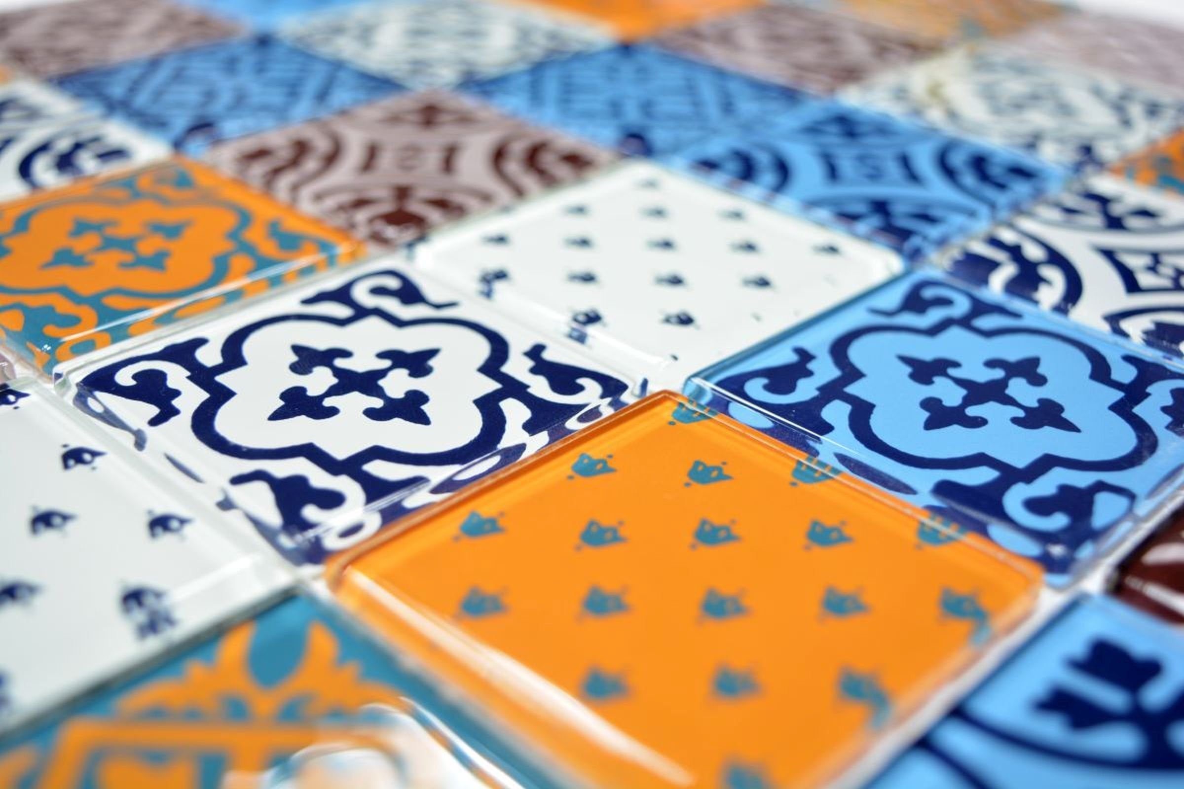 Mosani Mosaikfliesen Glasmosaik Retro Vintage grau Mosaikfliesen blau weiss orange