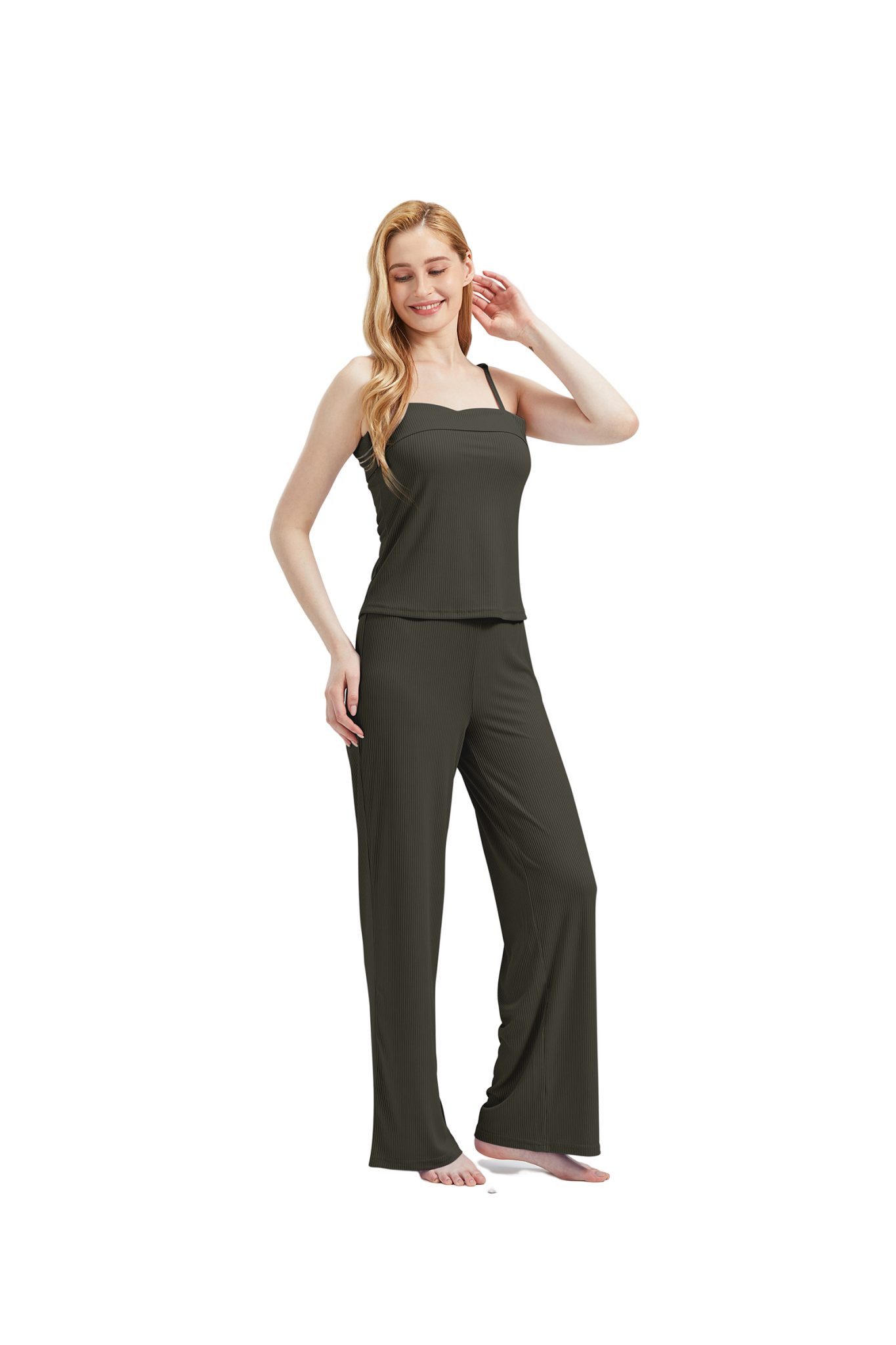 M-Diamant Schlafanzug Damen Pyjama-Set Damenwäsche V-Ausschnitt 3 teilig (Set, 3 tlg) 3-teiliges Set: Jacke mit V-Ausschnitt und Knöpfen, Trägertop und Hose