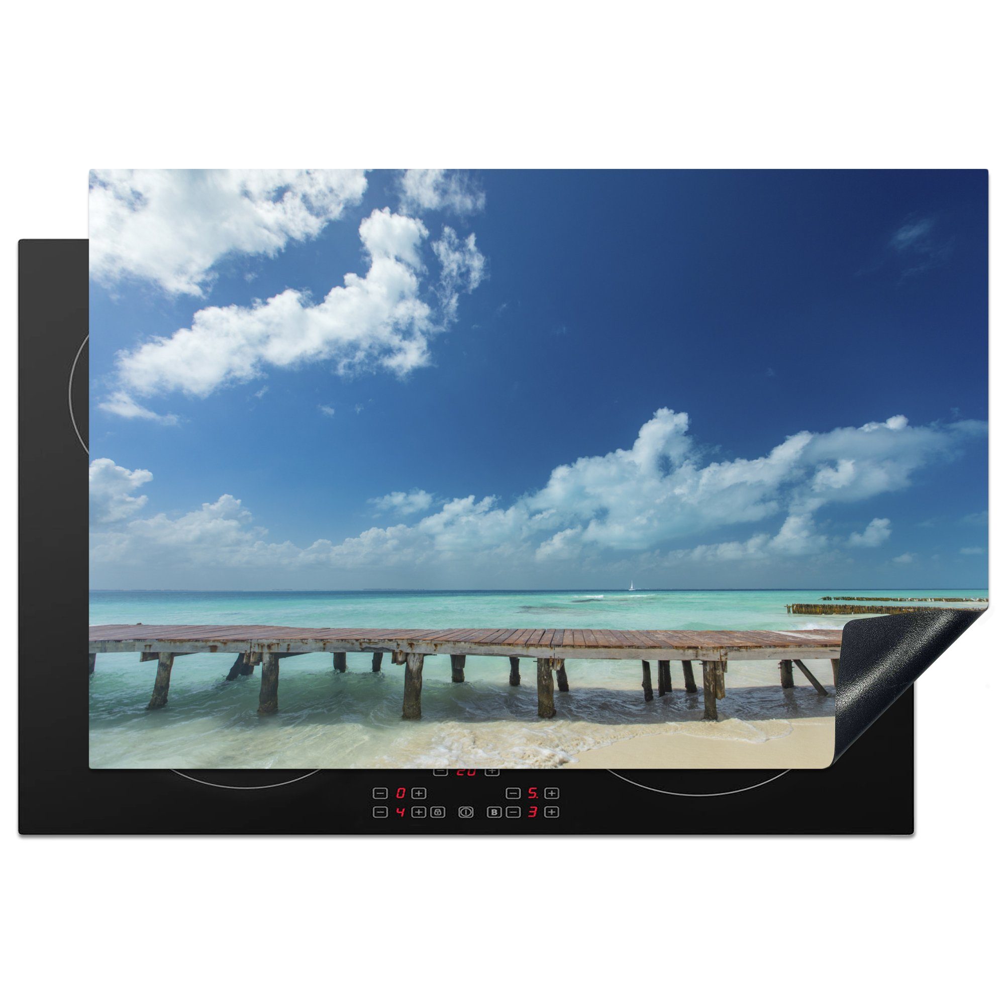 Arbeitsfläche Vinyl, Karibischen auf mexikanischen Promenade der MuchoWow Herdblende-/Abdeckplatte Mobile Isla, 78x52 am Meer cm, nutzbar, Insel Eine tlg), (1 Ceranfeldabdeckung