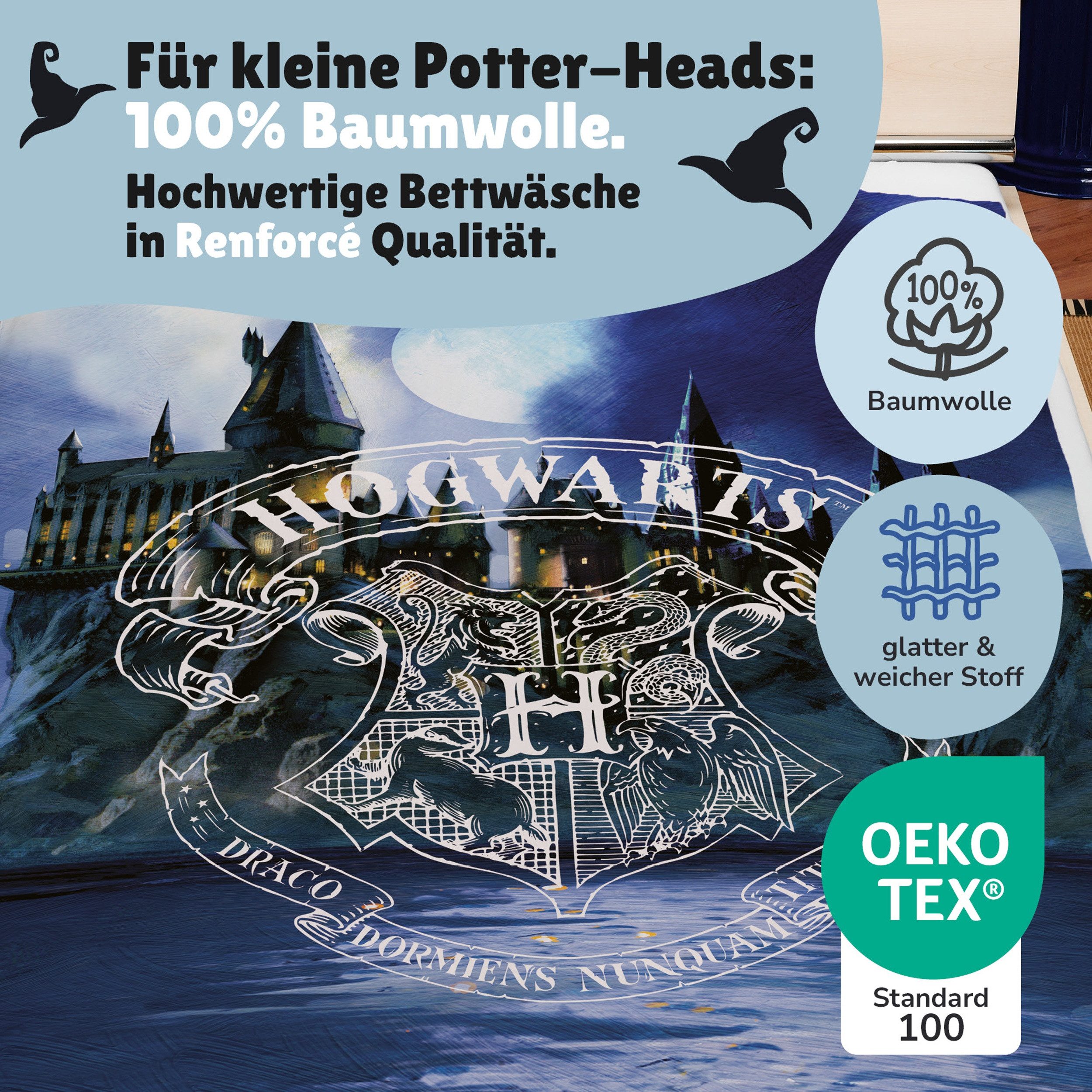 Familando Jugendbettwäsche Harry Potter "Eule" 135x200 80x80 cm - 100% Baumwolle, Reißverschluss, Renforcé, 2 teilig, mit Eule Hedwig und Hogwarts – Bild 4 von 5