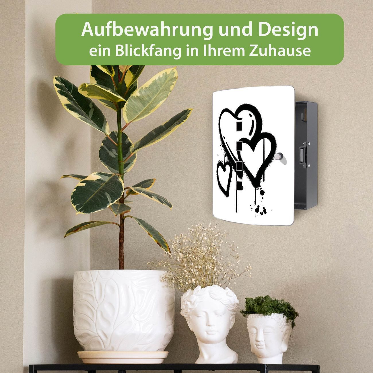 banjado Schlüsselkasten Edelstahl mit Motiv Herzen Graffiti (verstellbarer Magnetverschluss, mit 10 Haken, gebogene Tür, einstellbarer Magnet), 24 x 21,5 x 7 cm