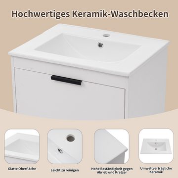 IDEASY Badmöbel-Set Badezimmer,Waschbeckenunterschrank hängend 60cm breit, (mit Keramikwaschbecken,Spiegelschrank,weiß), Langsame Schließfunktion, Reines Weiß mit schwarzer Hardware