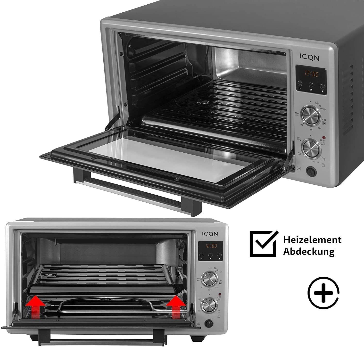 ICQN Minibackofen DIGITAL 50 Pizza-Ofen, inkl. Doppelverglasung, Black W, Emailliert 40°-230°C, Liter, LED-Anzeige, Backblech Drehspieß, 1400 Set, Popup-Knöpfe