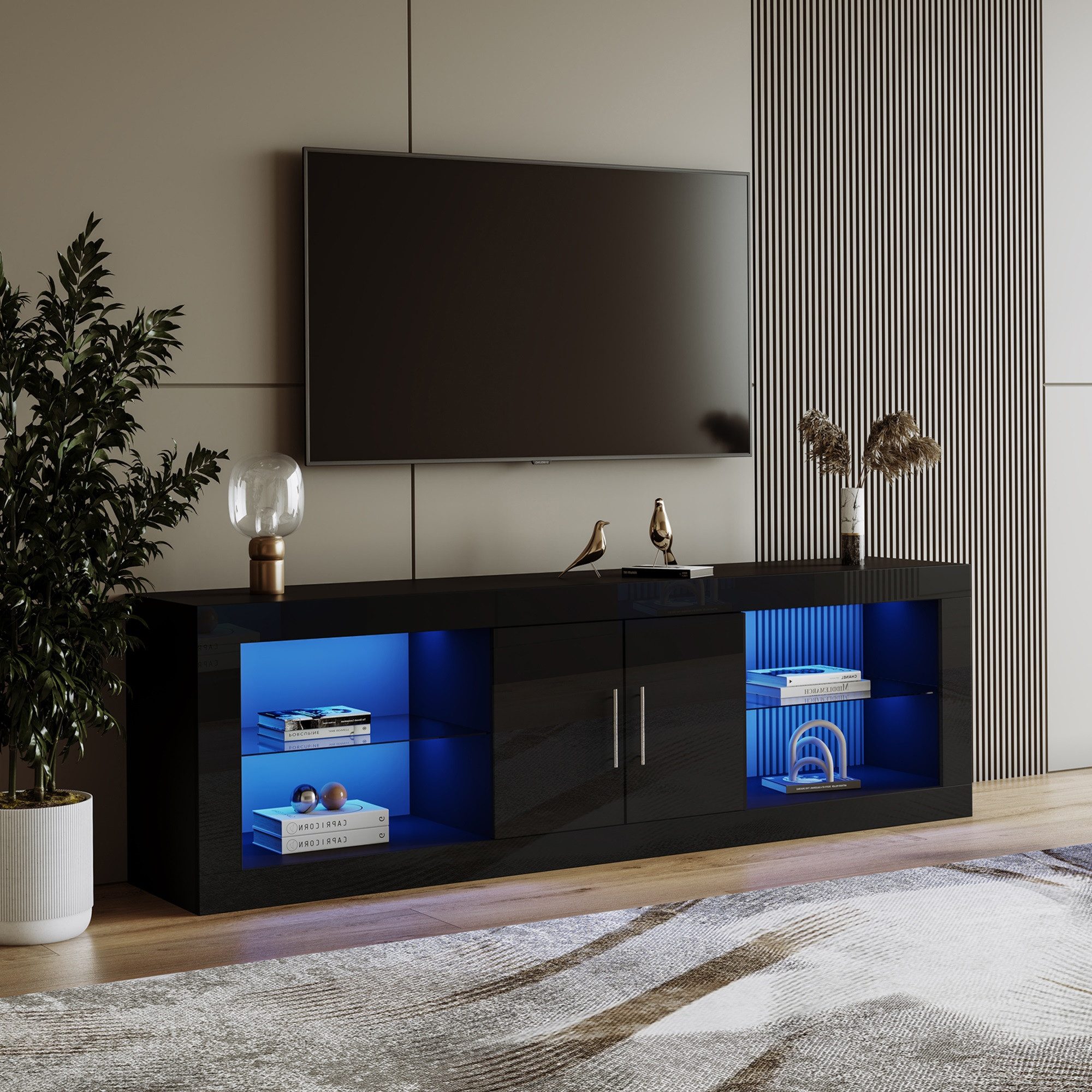 HAUSS SPLOE TV-Schrank 60 Zoll Fernseher mit 16-Farben-LED, Bluetooth-Steuerung, Hochglanz (16-Farben-LED,Bluetooth-Steuerung,geräuschlose Scharniere) mit LED-Beleuchtung, TV-Ständer für 60"-Fernseher, 140*50*35cm