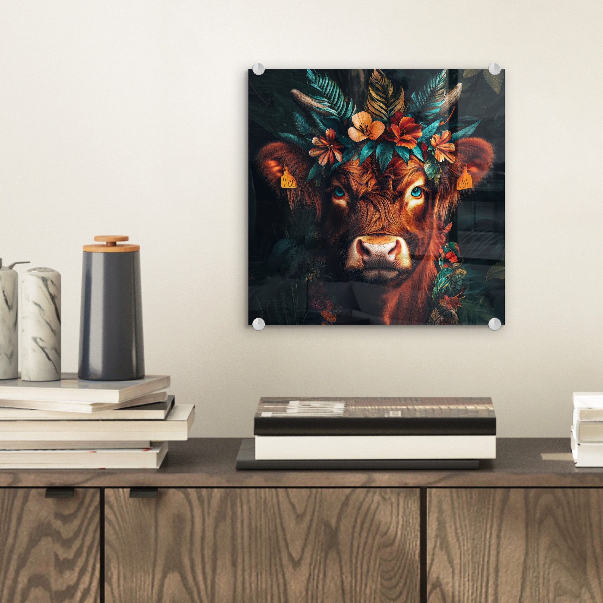 MuchoWow Acrylglasbild Schottischer Highlander - Blumen günstig online kaufen