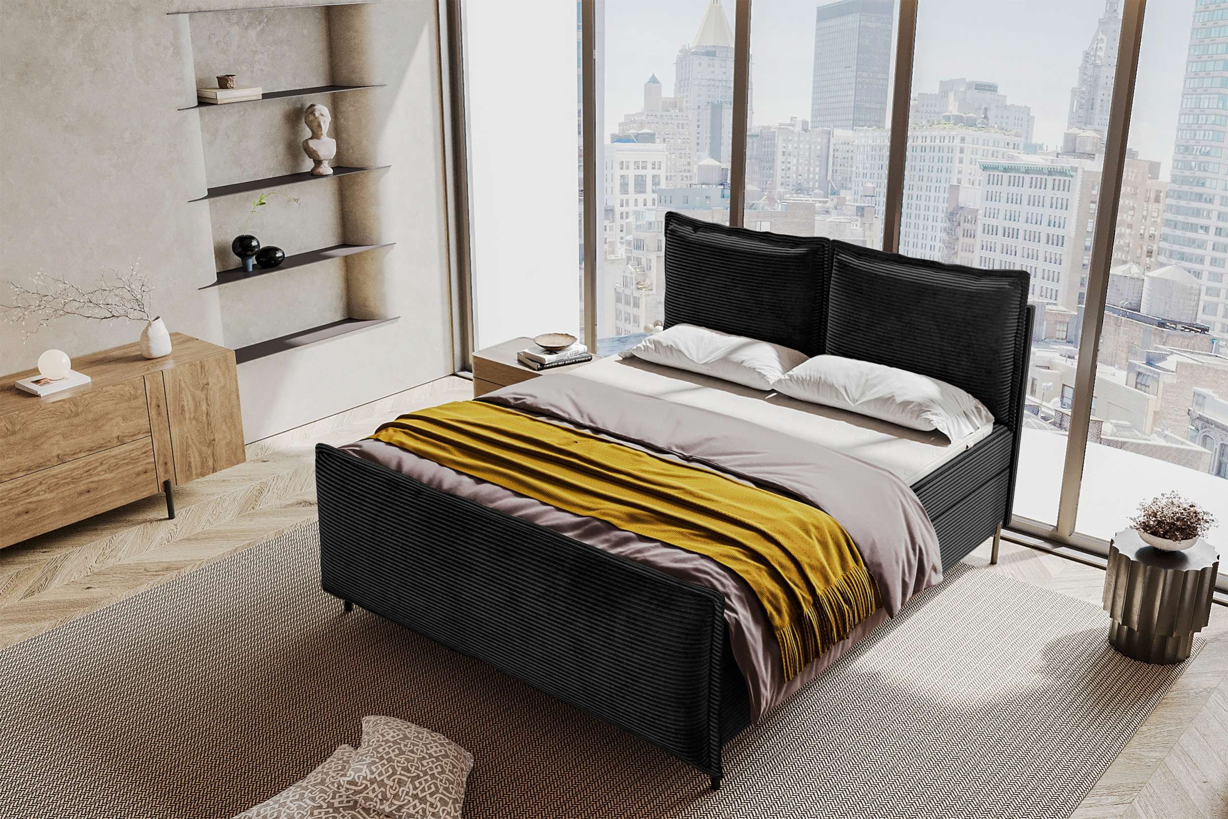 99rooms Boxspringbett Vero Plus (Schlafzimmerbett, Bett), 140/160/180/200x200 cm, in Cord POSO, mit Topper, Bettkasten