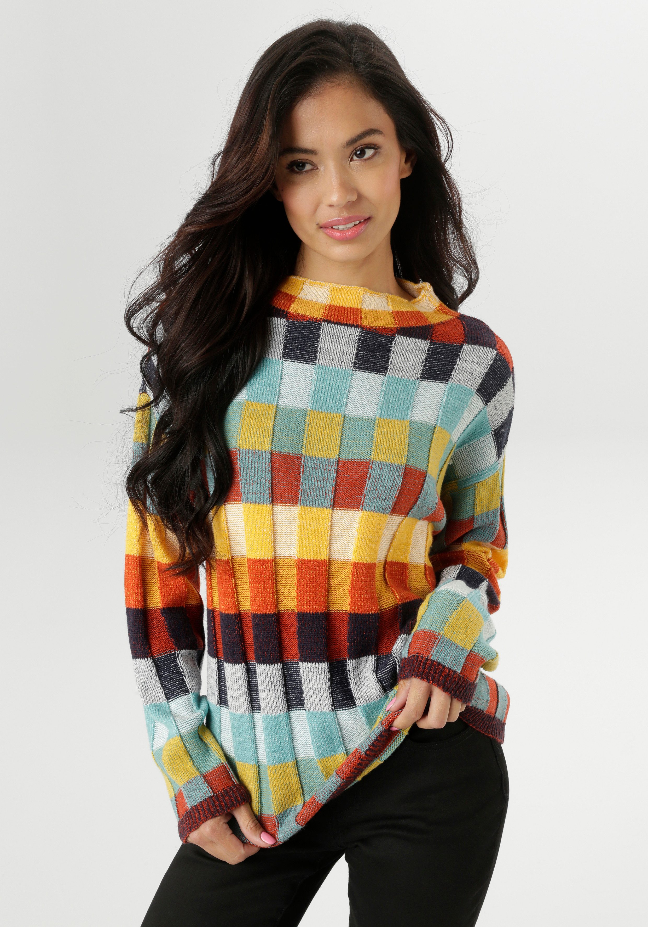 Aniston SELECTED Strickpullover mit mehrfarbig strukturierten Karomuster günstig online kaufen