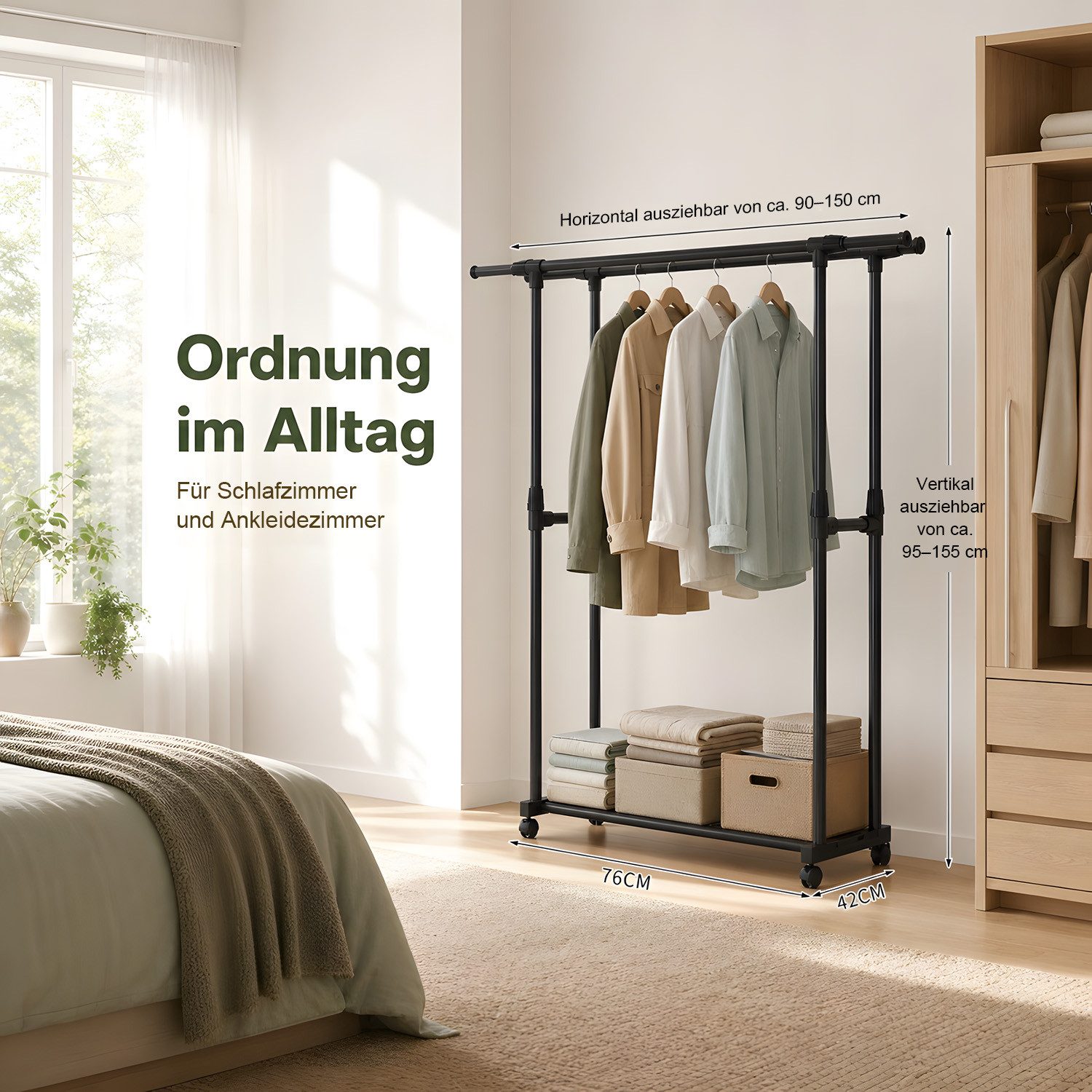 HEYHIPPO Kleiderstange Kleiderständer ausziehbar,höhenverstellbar, mit Rollen & Schuhablage (höhenverstellbar bis 155cm, für Schlafzimmer, Wohnzimmer & Wäschera – Bild 2 von 5
