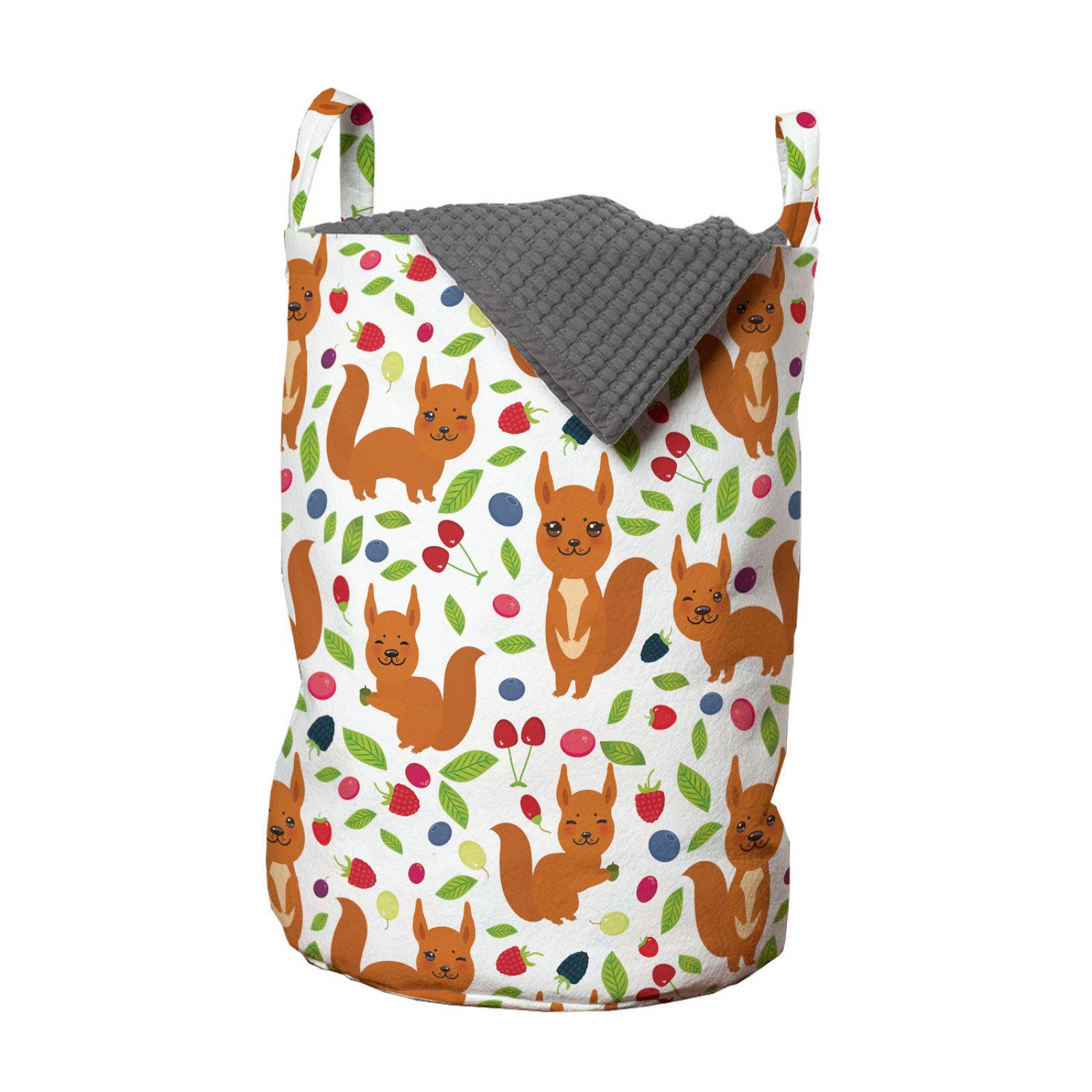 Abakuhaus Wäschesäckchen Wäschekorb mit Griffen Kordelzugverschluss für Waschsalons, Eichhörnchen Exotische Beeren Blätter