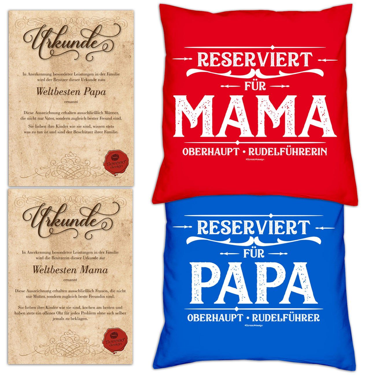 Soreso® Dekokissen Kissen-Set für für Reserviert für Papa Mama Urkunden, Reserviert rot mit Eltern Weihnachtsgeschenk