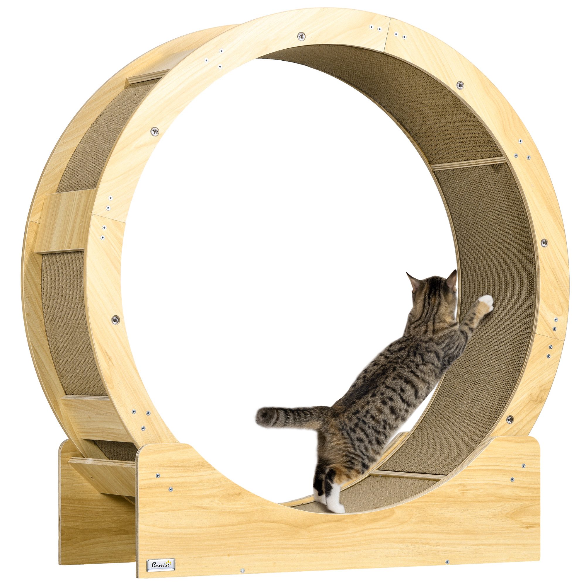 PawHut Tierlaufrad Katzenlaufrad 91 cm Durchmesser mit Bremse Laufbahn Kratzbrett, für gesunde Bewegung, Entspannung, Eiche