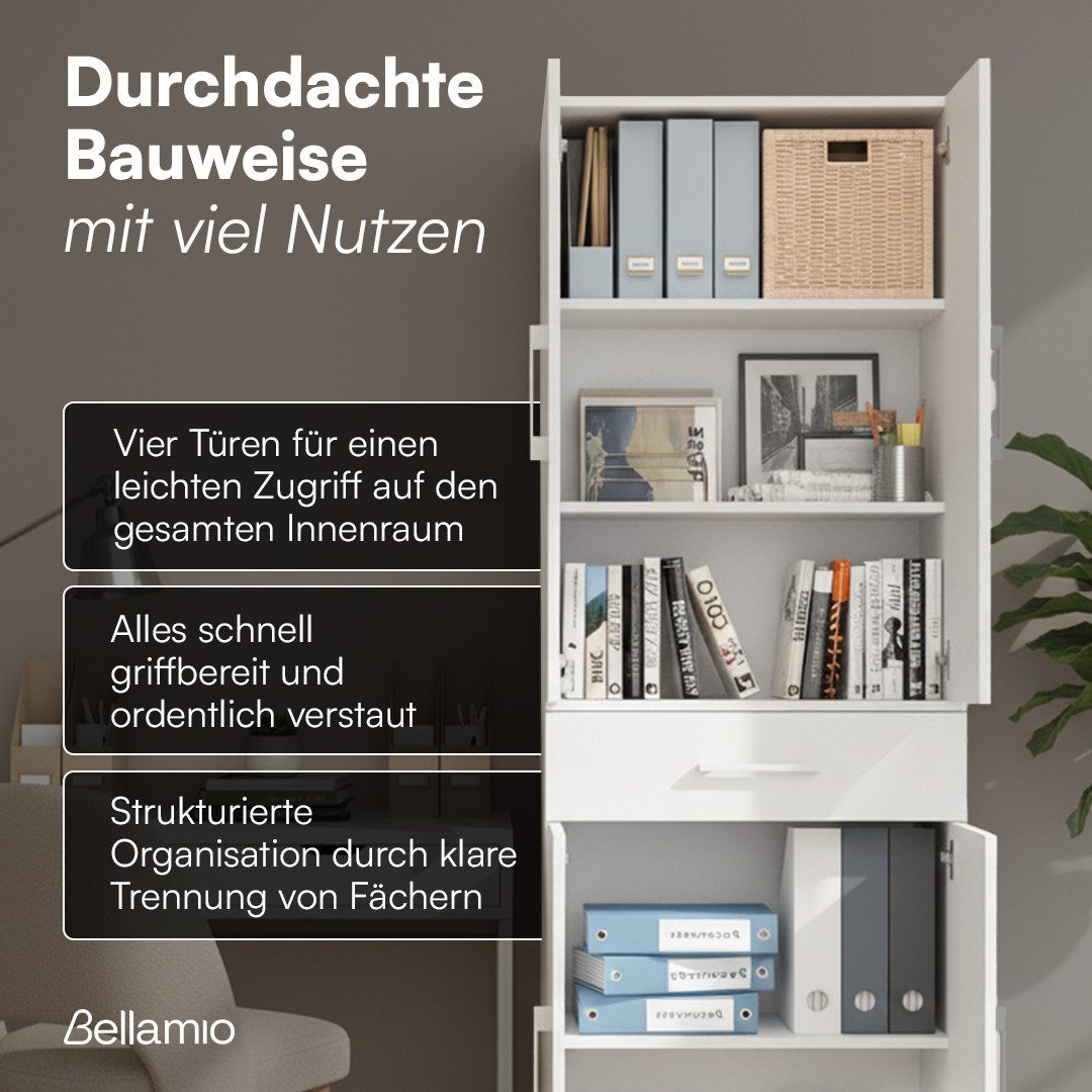 Bellamio Mehrzweckschrank Apol, Hochschrank aus Holz, Aufbewahrungsschrank (Weiß) Aktenschrank mit 6 Fächern, inkl. 1 Schublade, robust & kratzfest – Bild 4 von 5